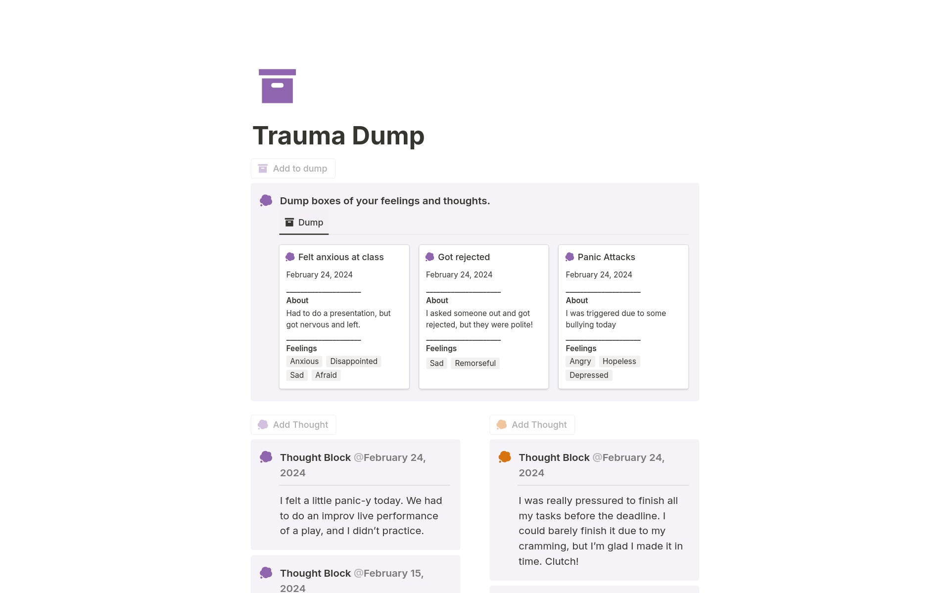 A template preview for Trauma Dump