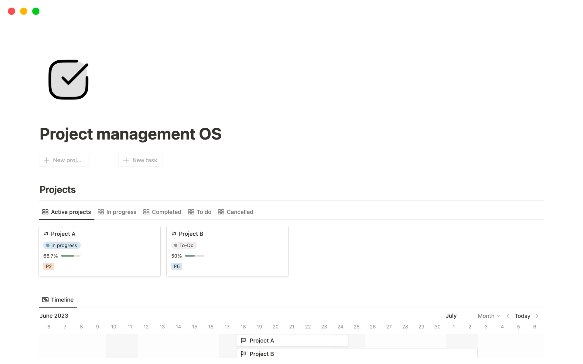 A template preview for Project management OS