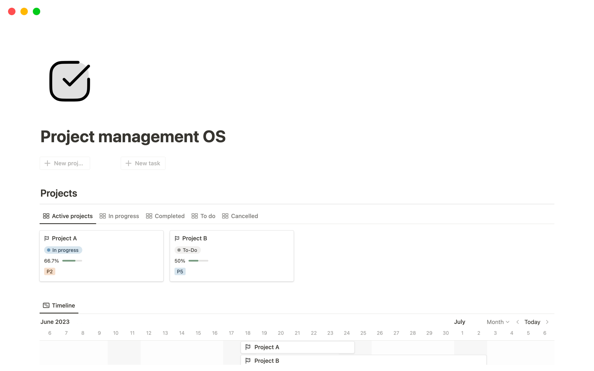 Vista previa de plantilla para Project management OS