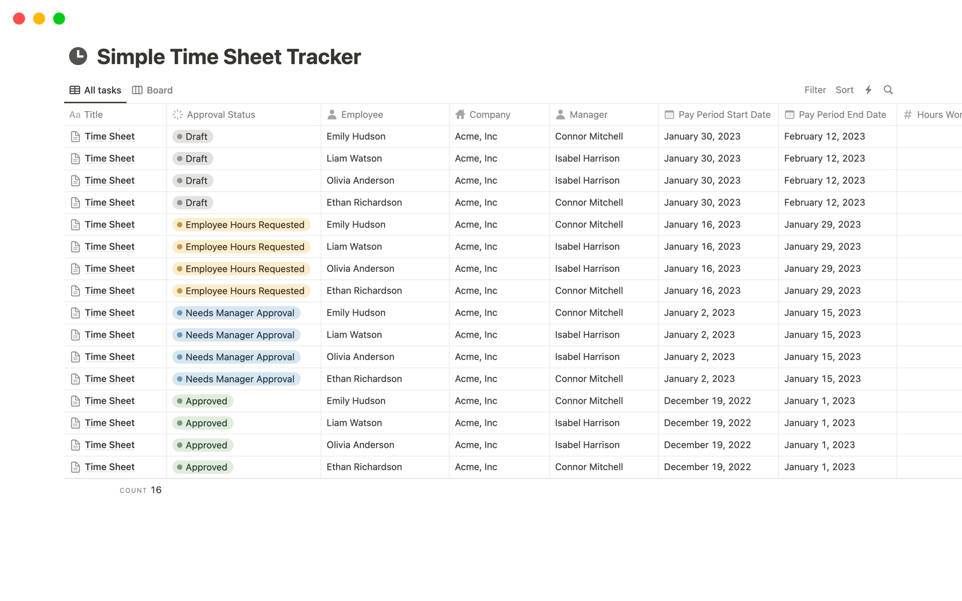 Vista previa de plantilla para Simple Time Sheet Tracker