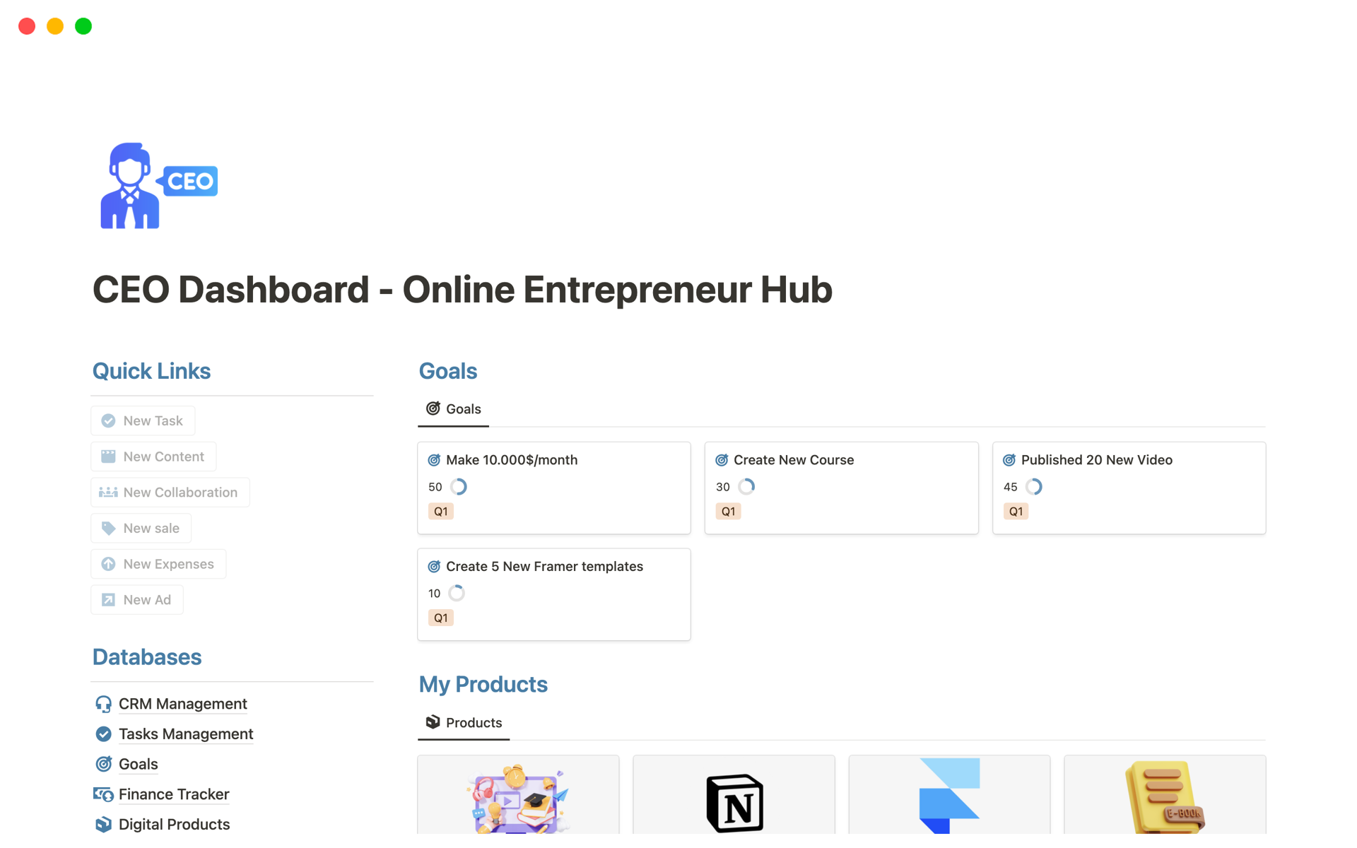 A template preview for CEO Dashboard - Online Entrepreneur Hub v2