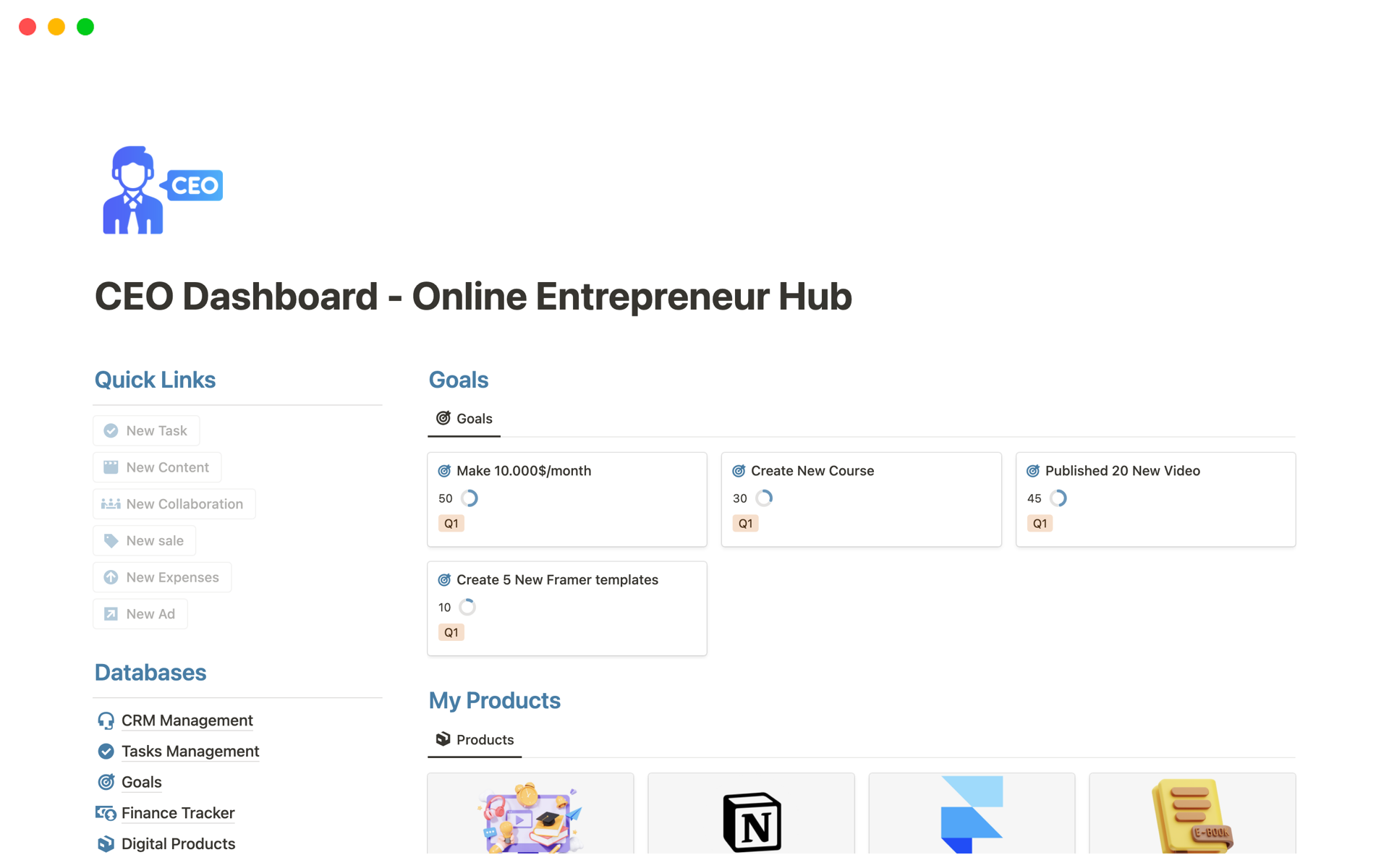 Vista previa de una plantilla para CEO Dashboard - Online Entrepreneur Hub v2