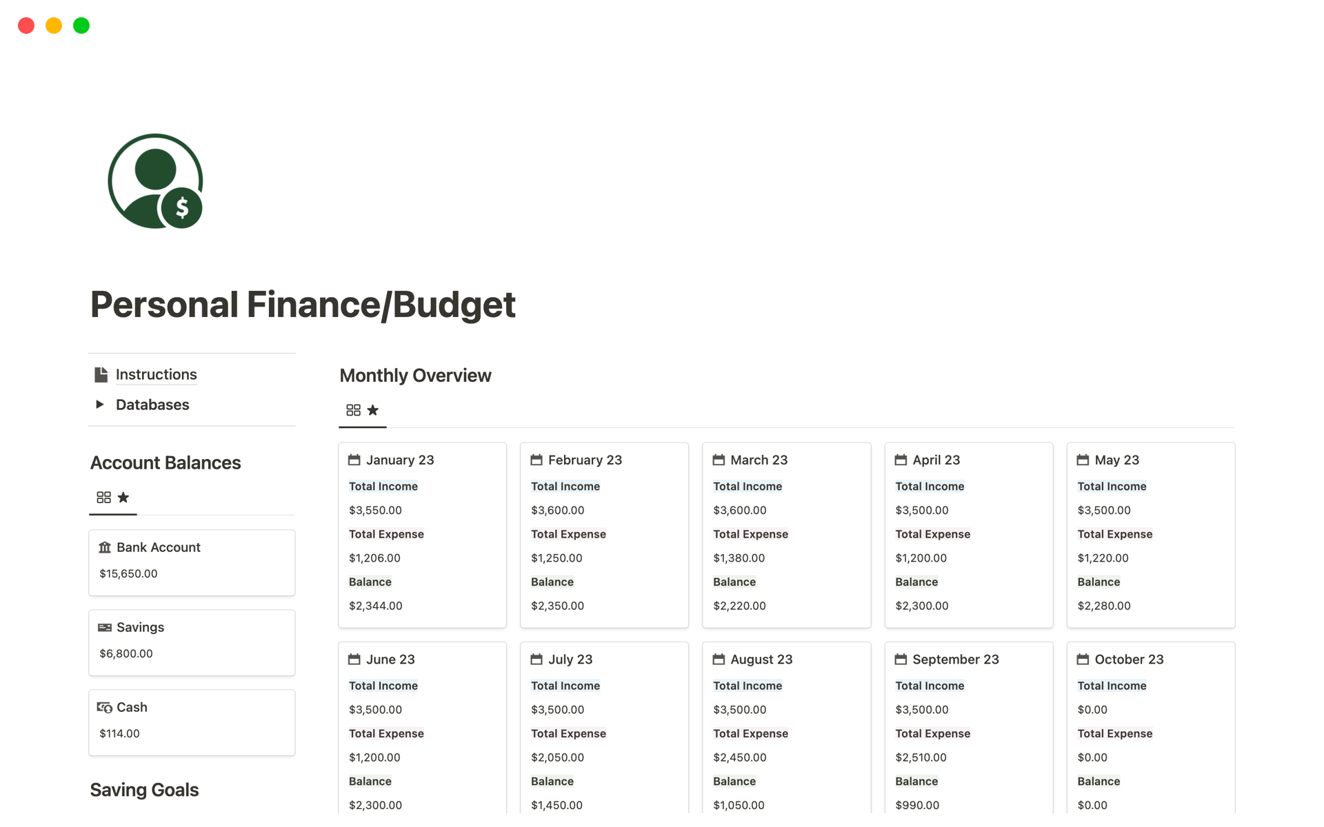 A template preview for Personal Finance/Budget Dashboard