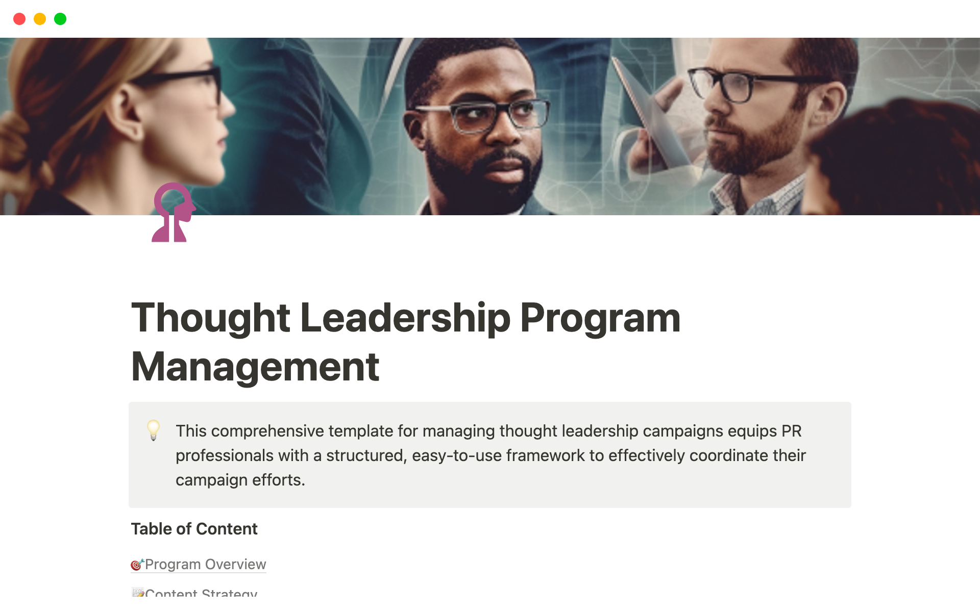 A template preview for Thought Leadership Program Management