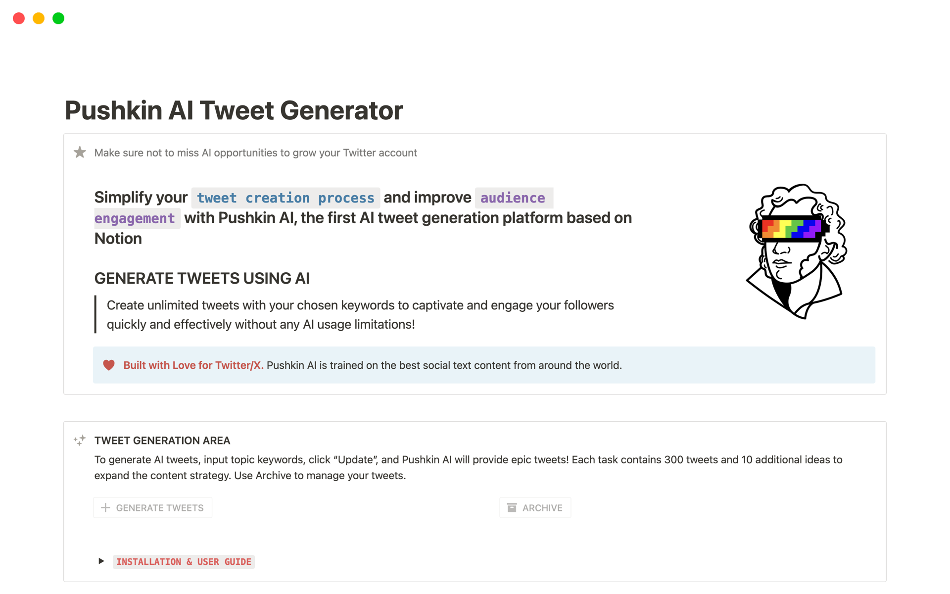 En forhåndsvisning av mal for Pushkin AI Tweet Generator