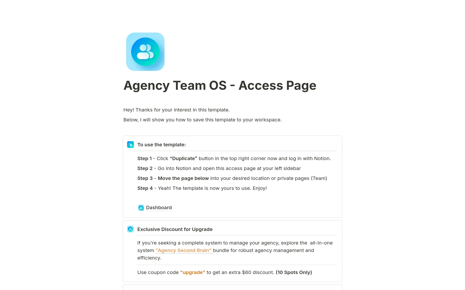 En forhåndsvisning av mal for Agency Team OS