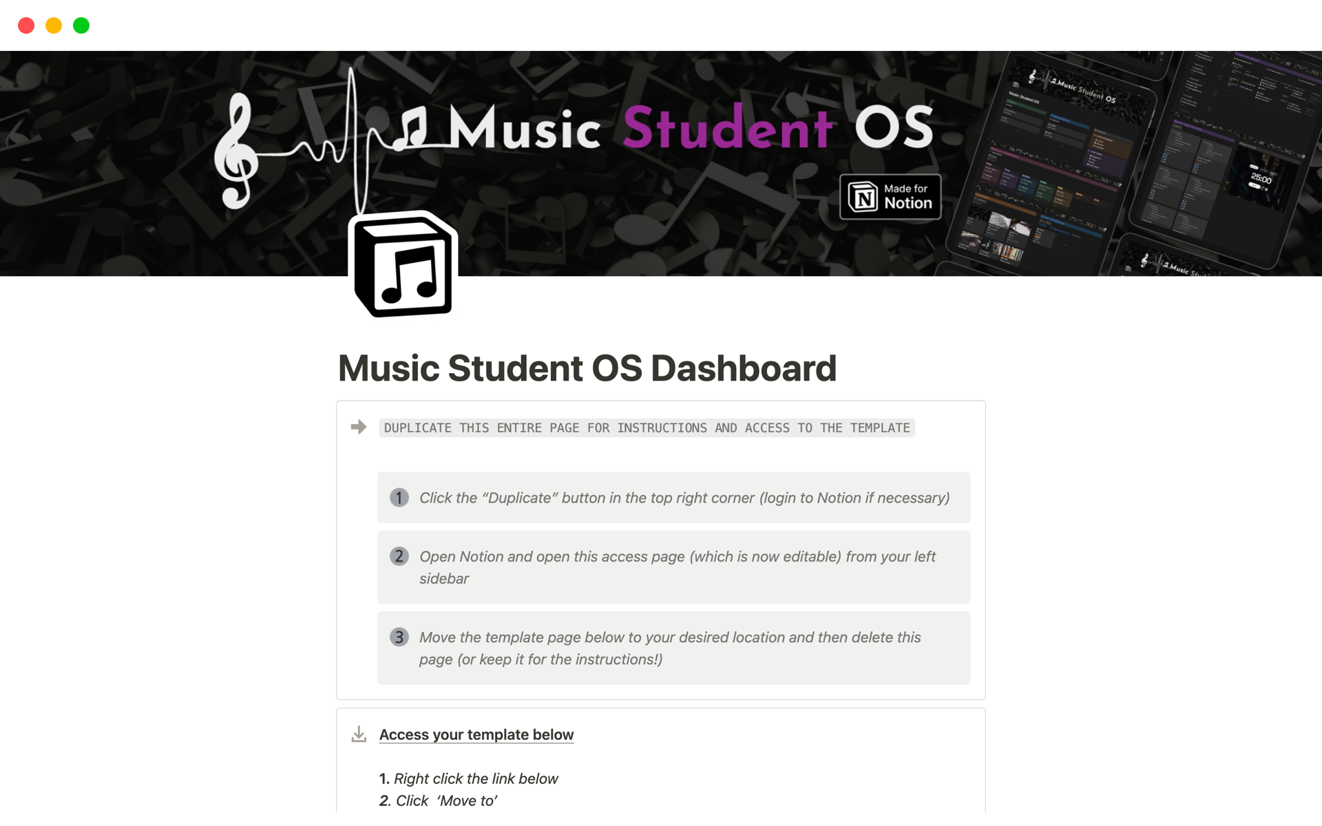 A template preview for Music Student OS Dashboard