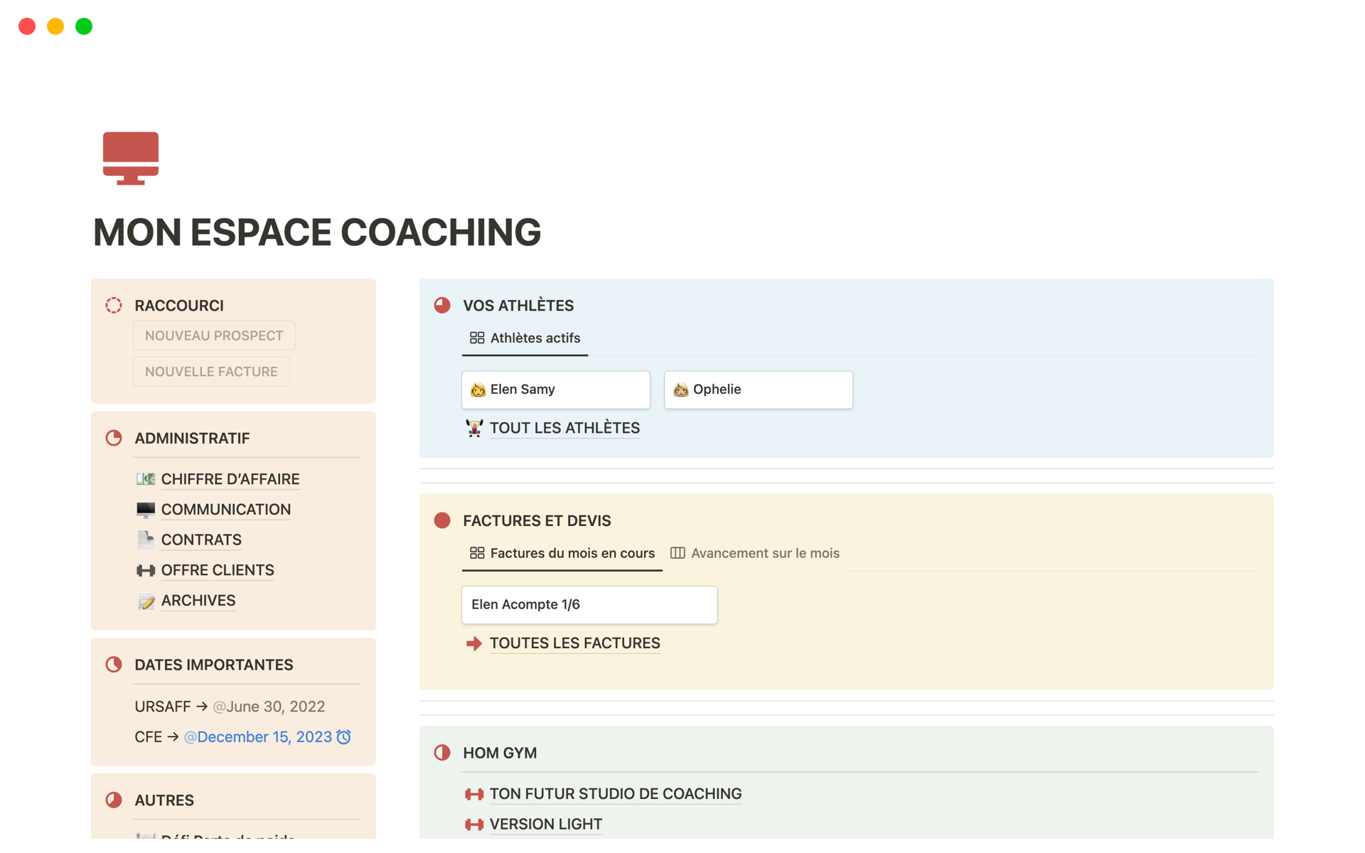 A template preview for MON ESPACE COACHING - CRM