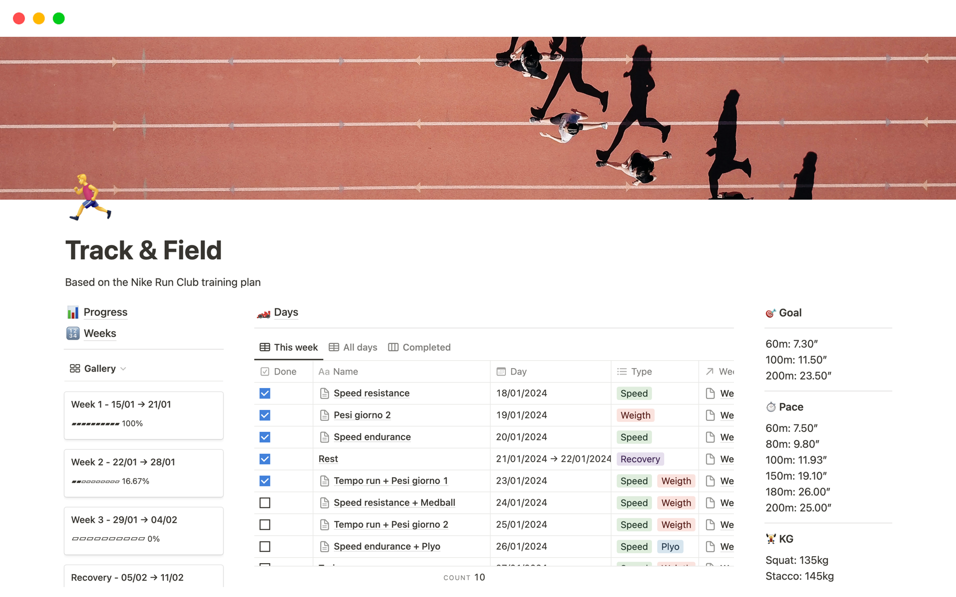 Organize your track and field training with this comprehensive Notion template, featuring practice plans, performance trackers, and goal setting tools.