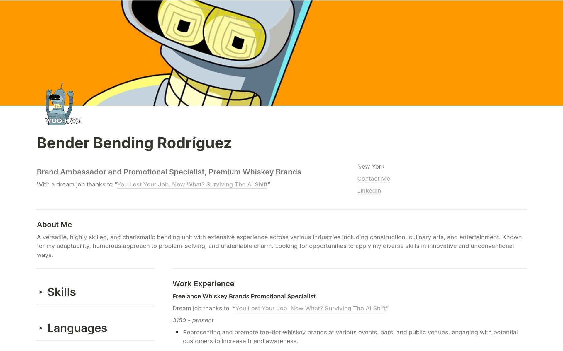 CV with AI prompts for inspiration to update your resume. Instead of using a "lorem ipsum" text, you'll find Bender's resume (from Futurama) for your amusement. Happy editing!