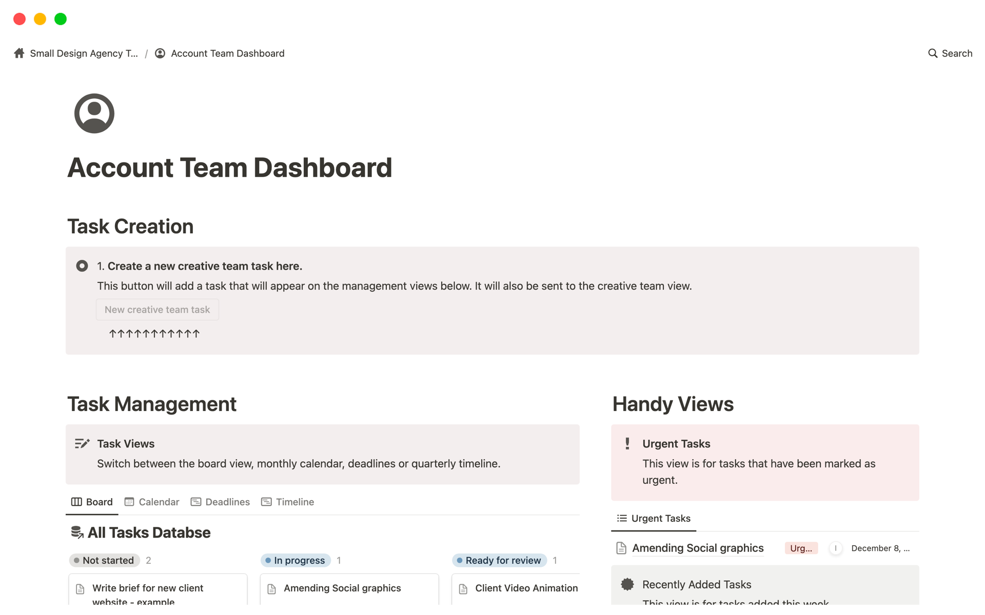 A template preview for Small Design Agency Task Management