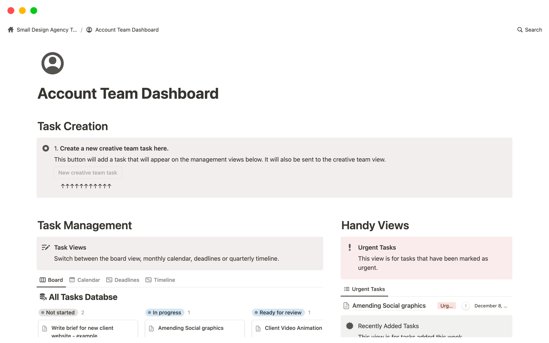 Uma prévia do modelo para Small Design Agency Task Management