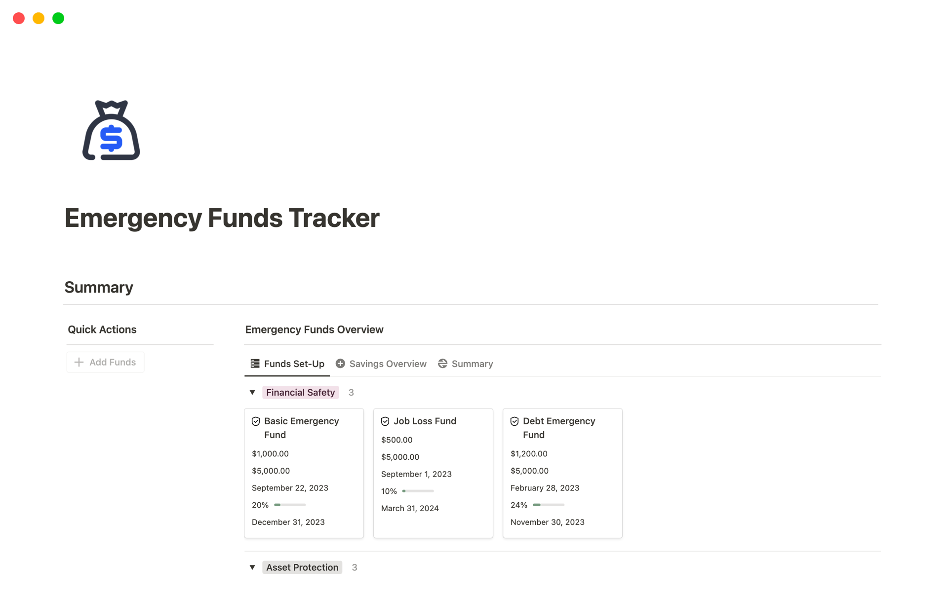 A template preview for Emergency Funds Tracker