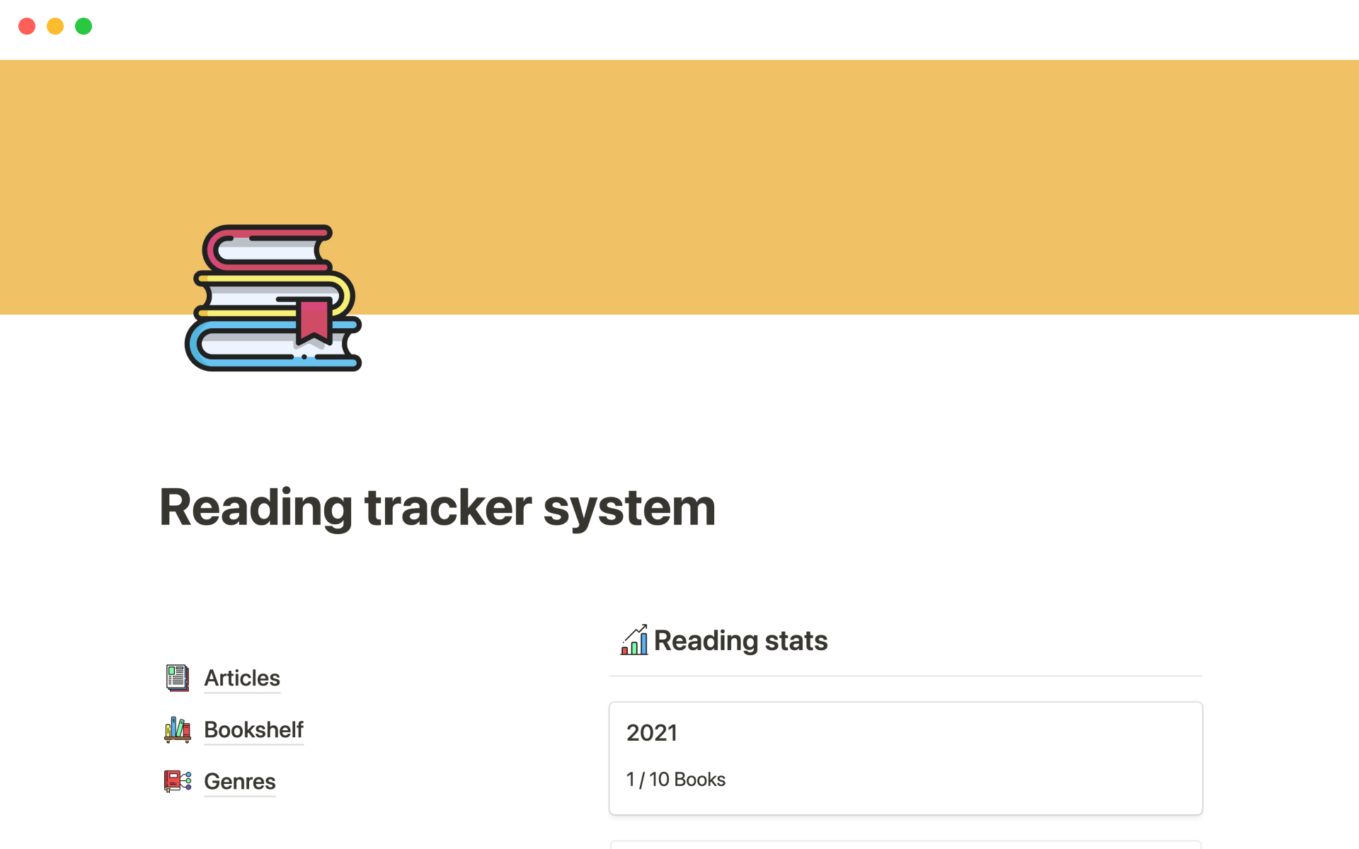 A template preview for Reading tracker system