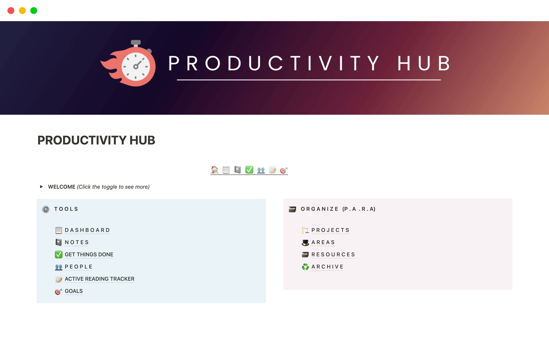 A template preview for PRODUCTIVITY HUB