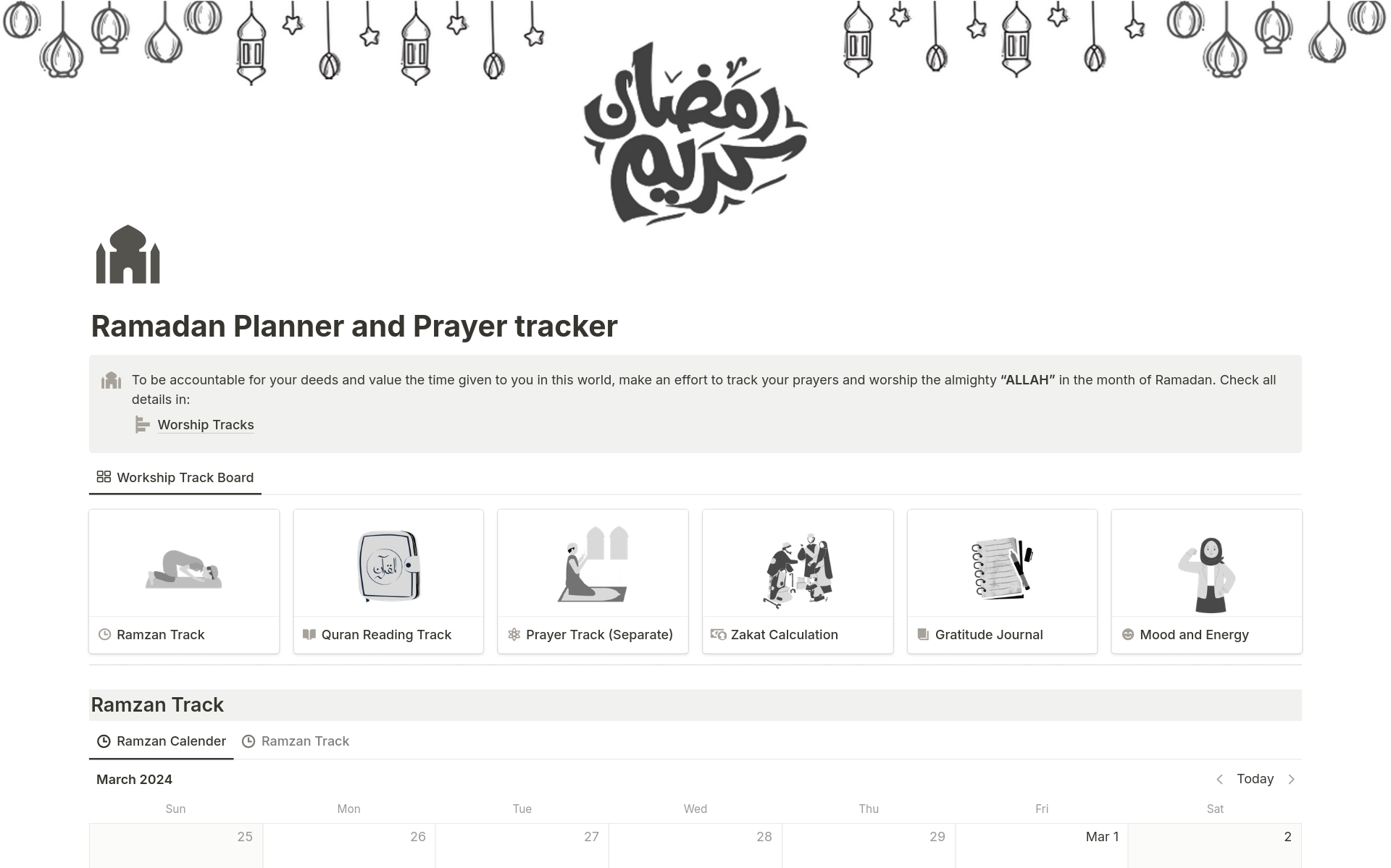 Vista previa de una plantilla para Ramadan Planner and Prayer Tracker