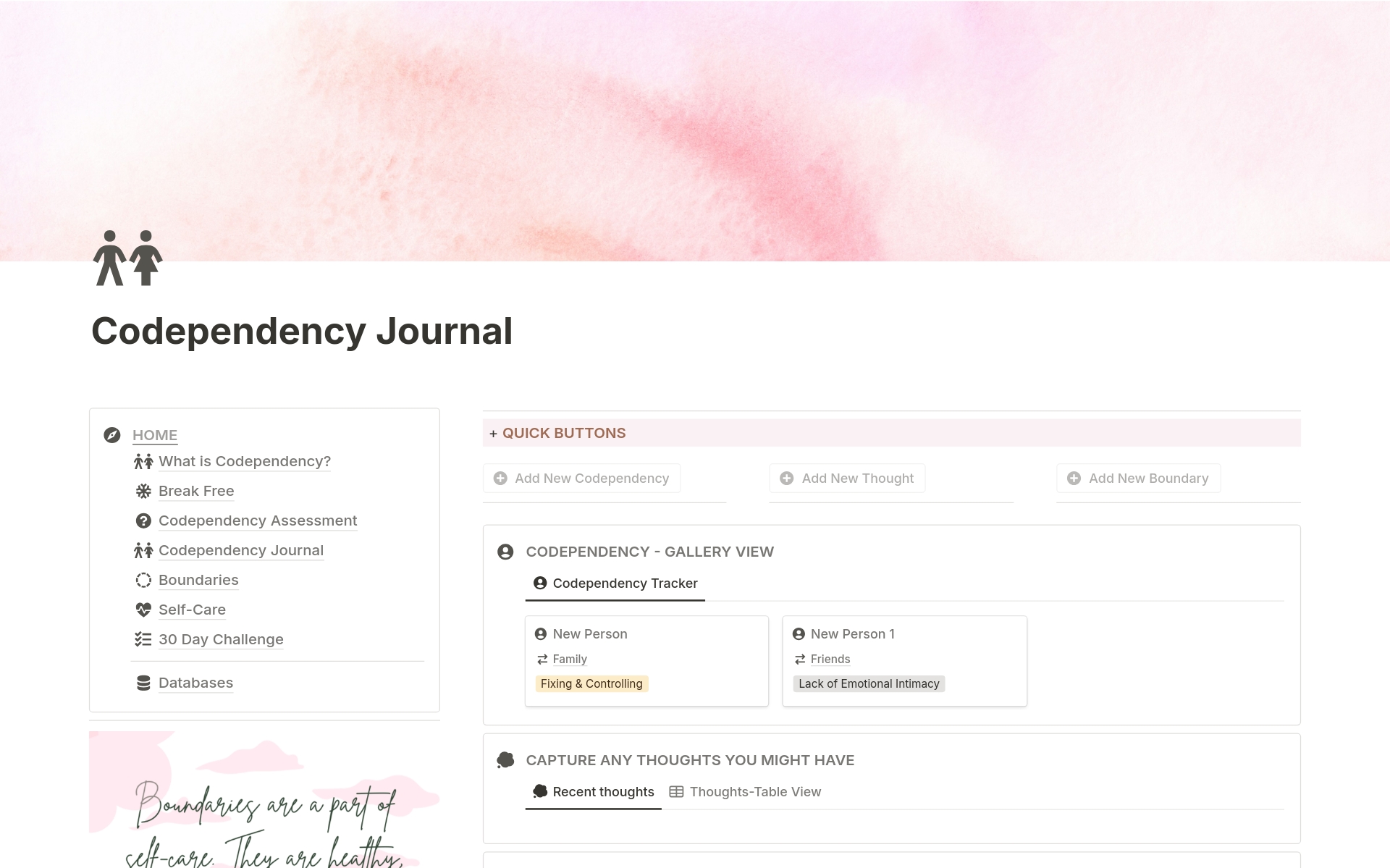 The Codependency Journal Notion template is designed to help individuals gain insight into and manage codependent behaviors in their relationships.