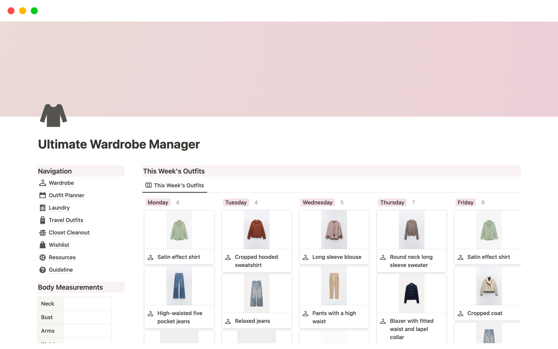 Transform Your Closet with our Notion Wardrobe Manager Template - the Ultimate Solution for Effortless Outfit Planning and Closet Organization! Elevate Your Style Journey Now.