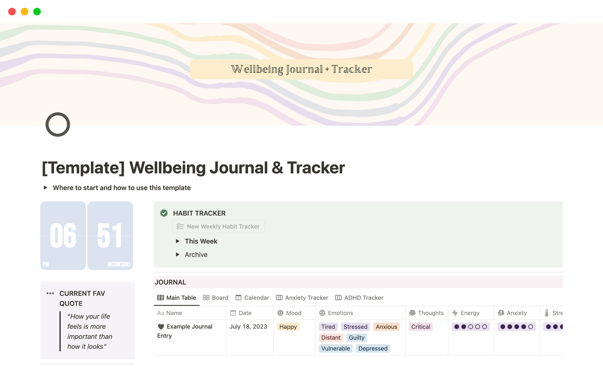A template preview for Wellbeing Journal & Tracker ADHD + Anxiety Tracker