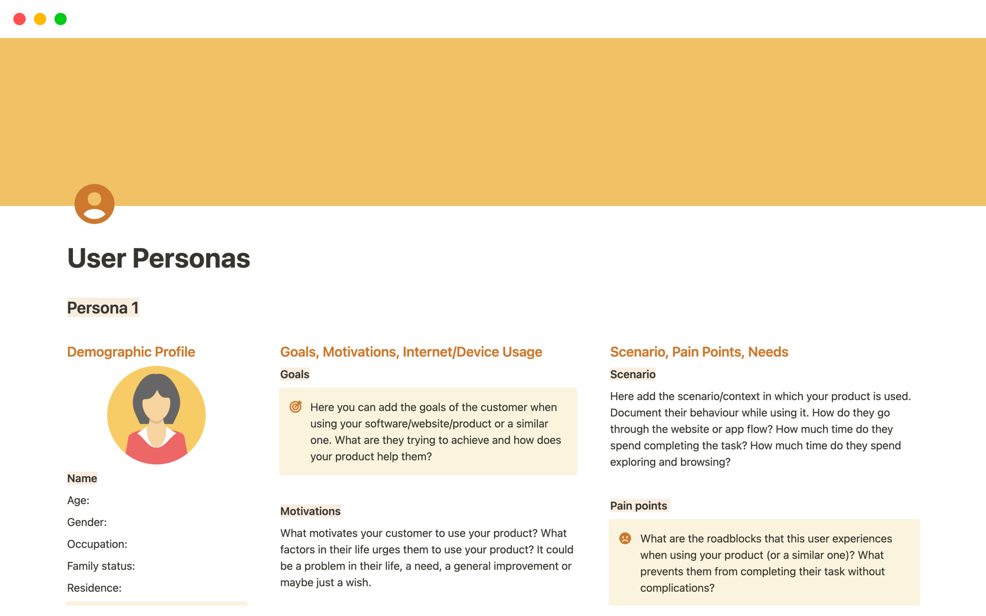A template preview for User Personas