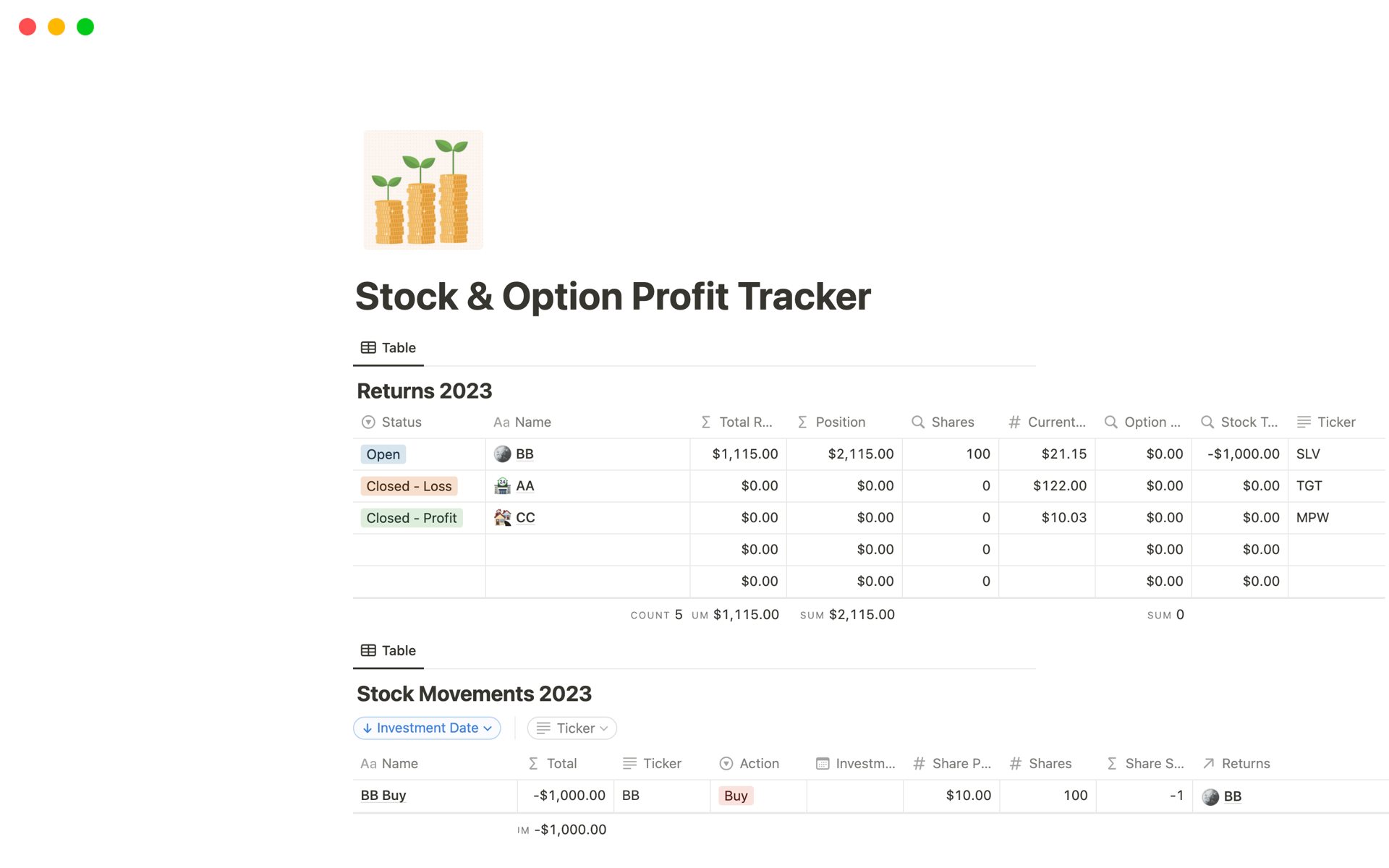 A template preview for Stock & Option Profit Tracker