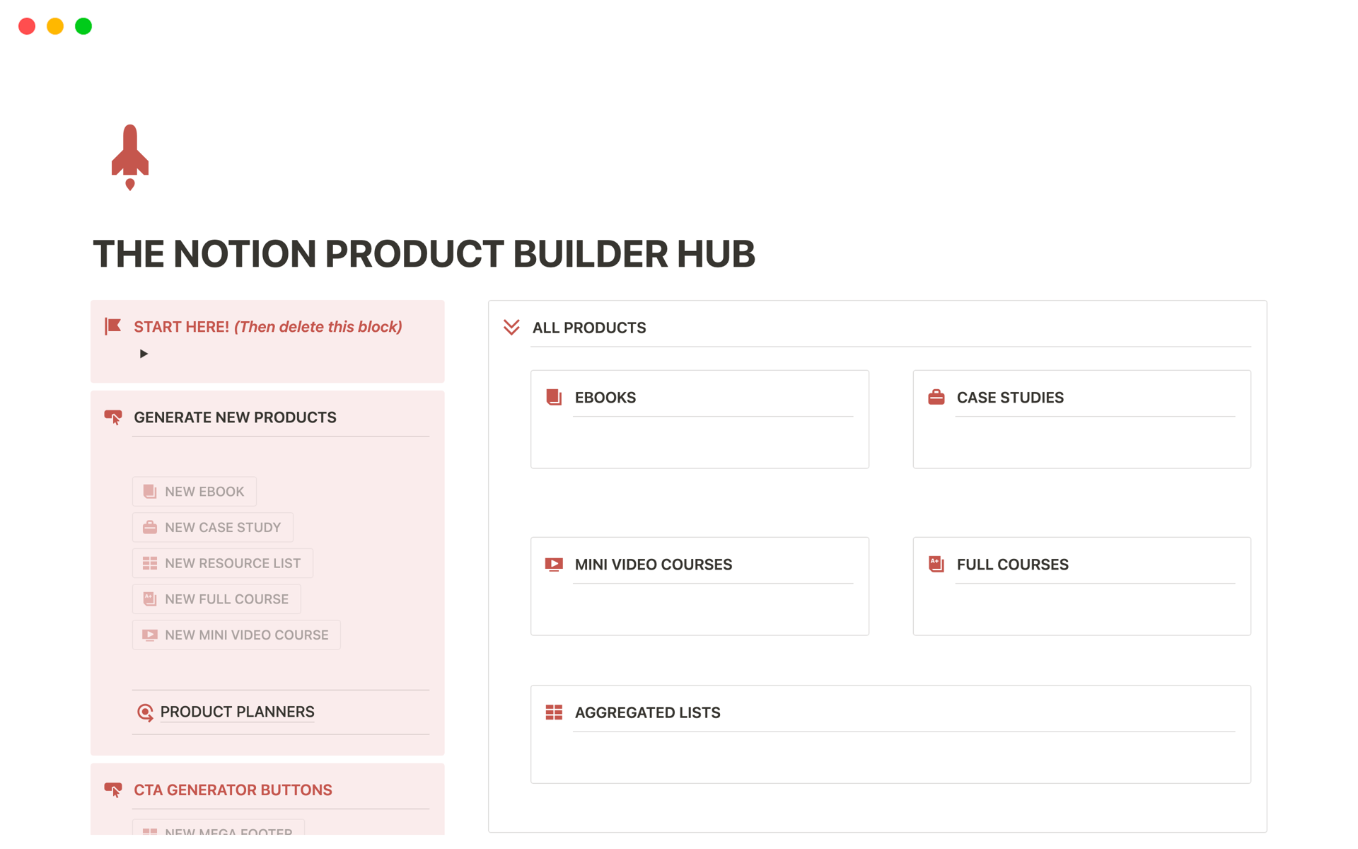A template preview for THE NOTION PRODUCT BUILDER HUB