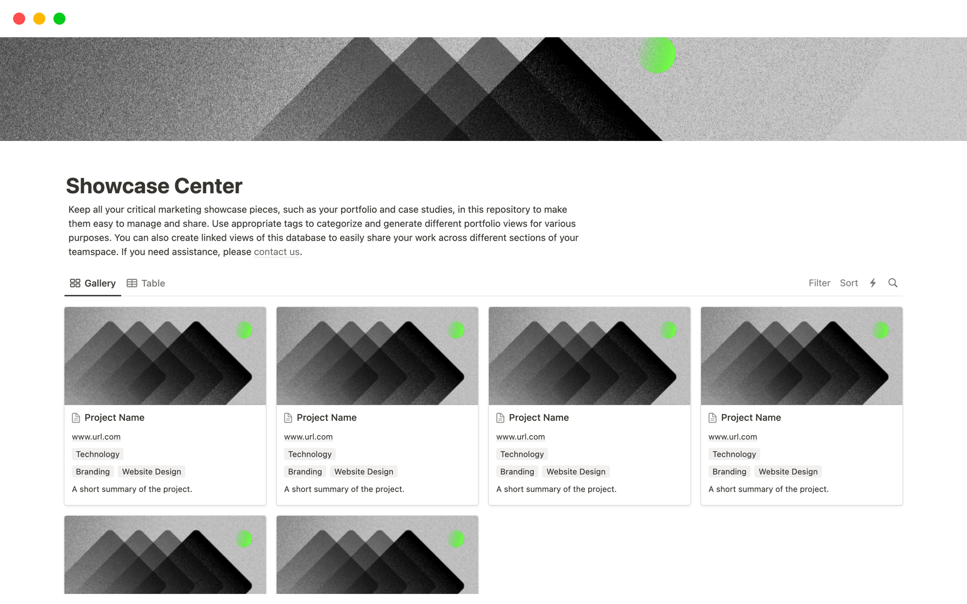 This Showcase Center template centralizes all your critical marketing showcase pieces, including portfolios and case studies, making them easy to manage and share.