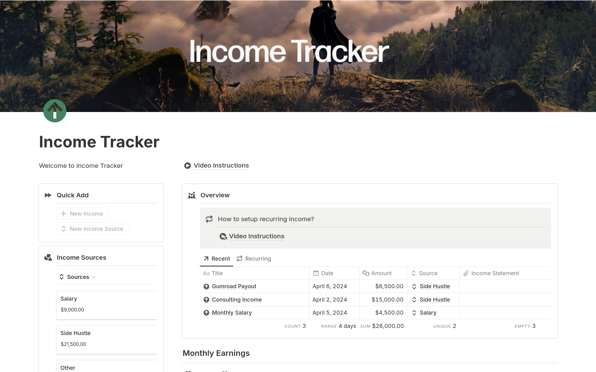 Eine Vorlagenvorschau für Income Tracker