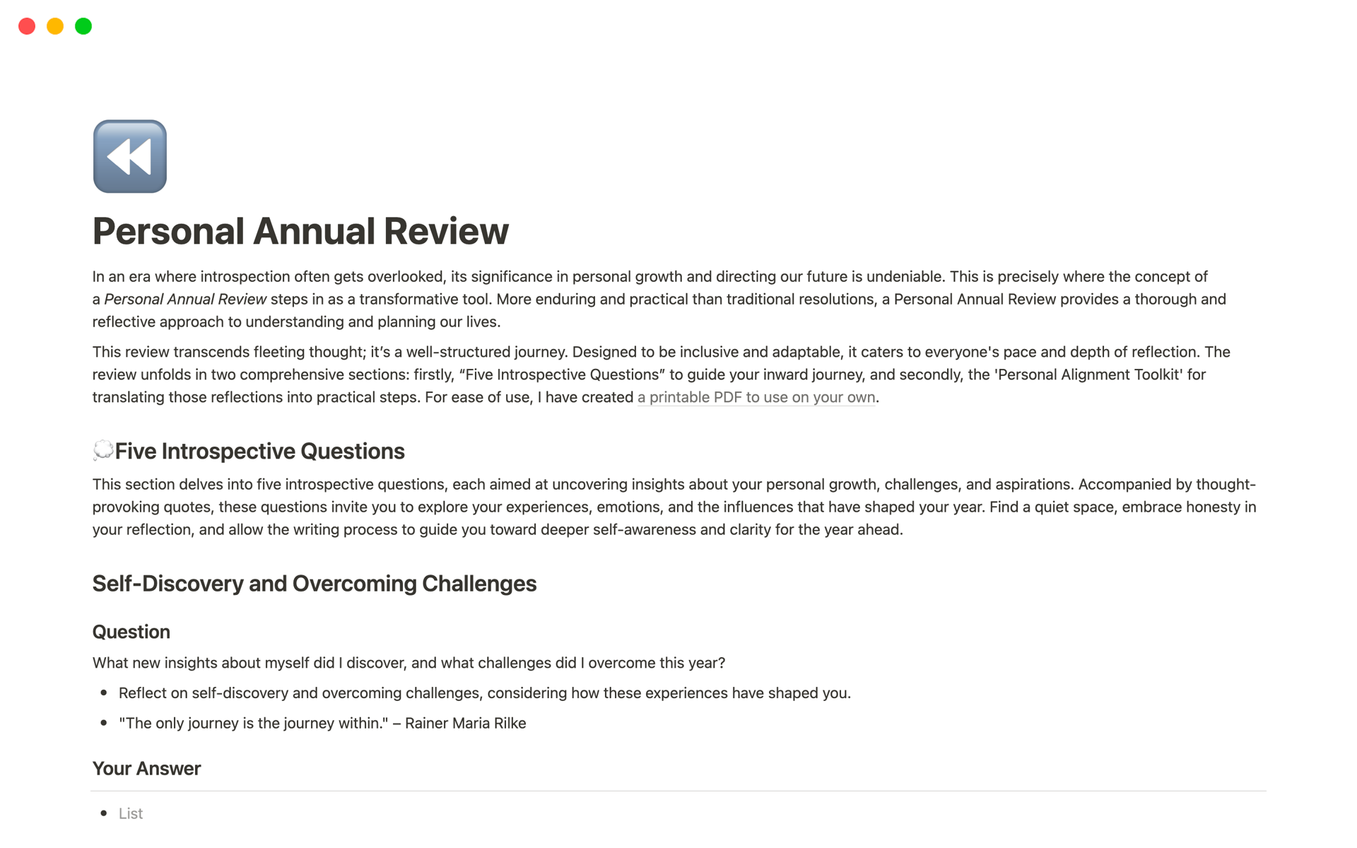 The Personal Annual Review is a comprehensive self-improvement tool that combines introspective questions with actionable strategies, guiding individuals in aligning their actions with their values to foster a more focused and fulfilling future.