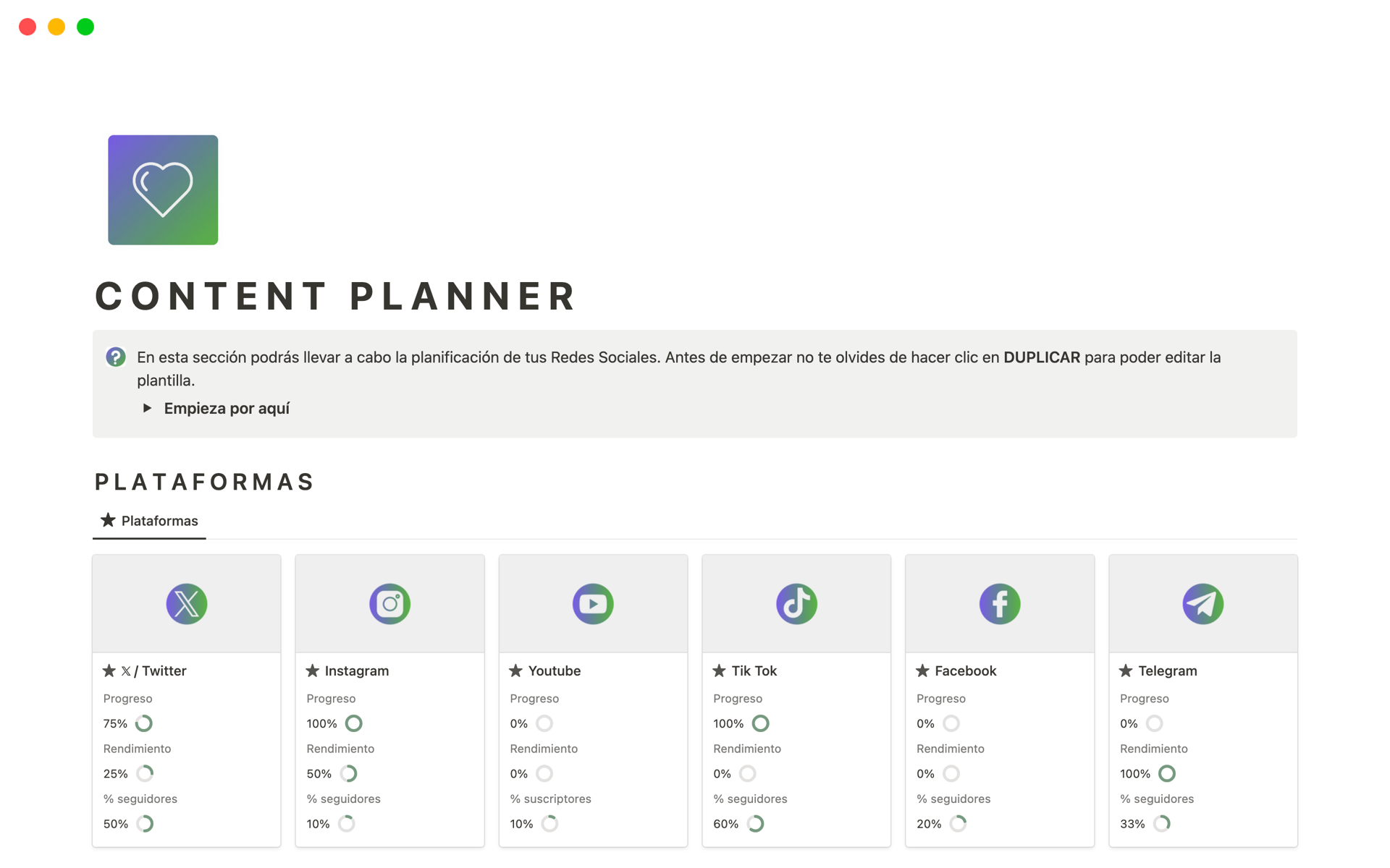 En förhandsgranskning av mallen för Content Planner - Creación de contenido