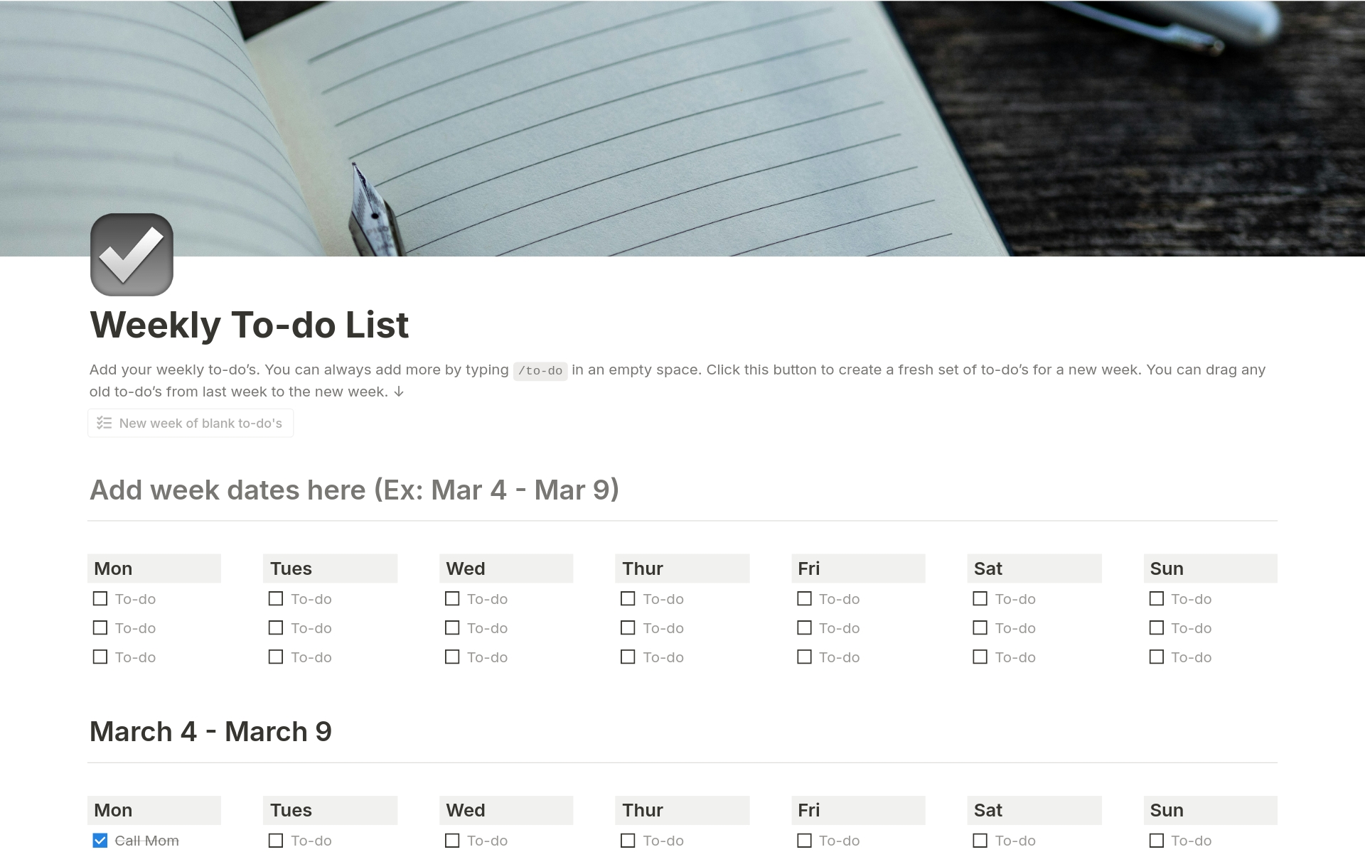 Usa esta plantilla para planificar y organizar todo el trabajo que tengas la próxima semana. Visualiza tus tareas más importantes con una agenda que te ayude a establecer prioridades.