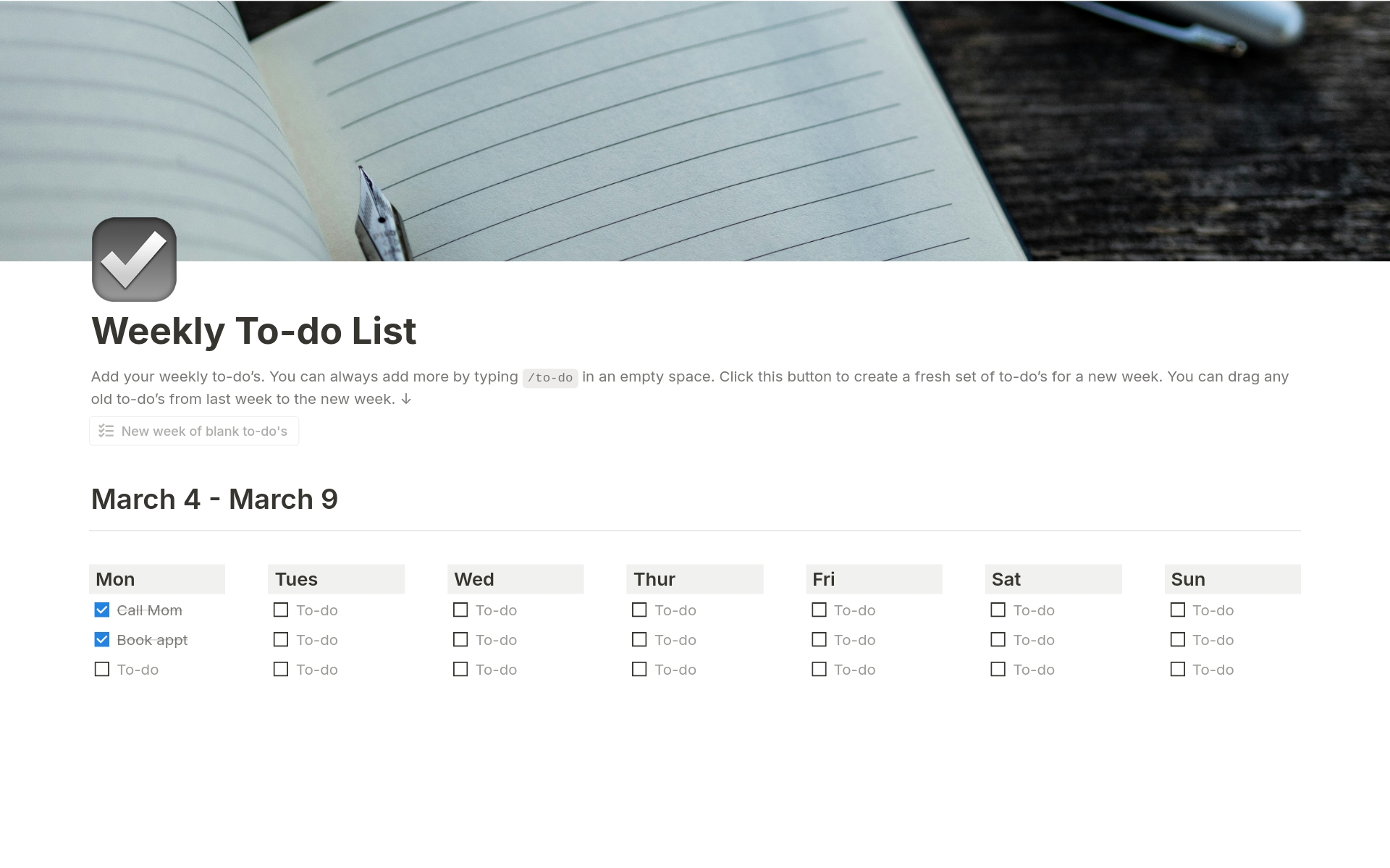Use this template to plan and organize all the work you need to accomplish over the next week. Visualize your most important to-do's with an agenda that helps you prioritize.