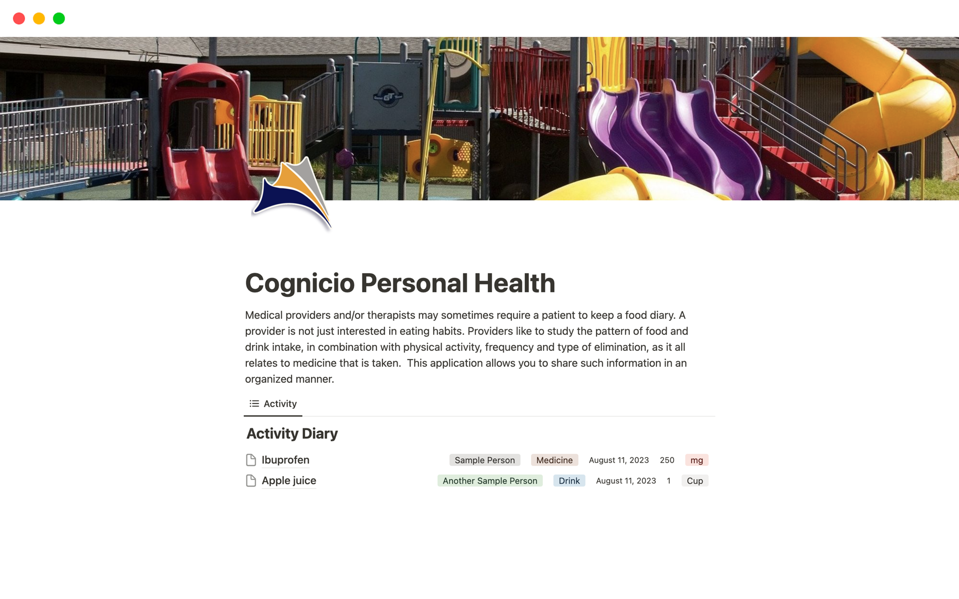 A template preview for Cognicio Personal Health