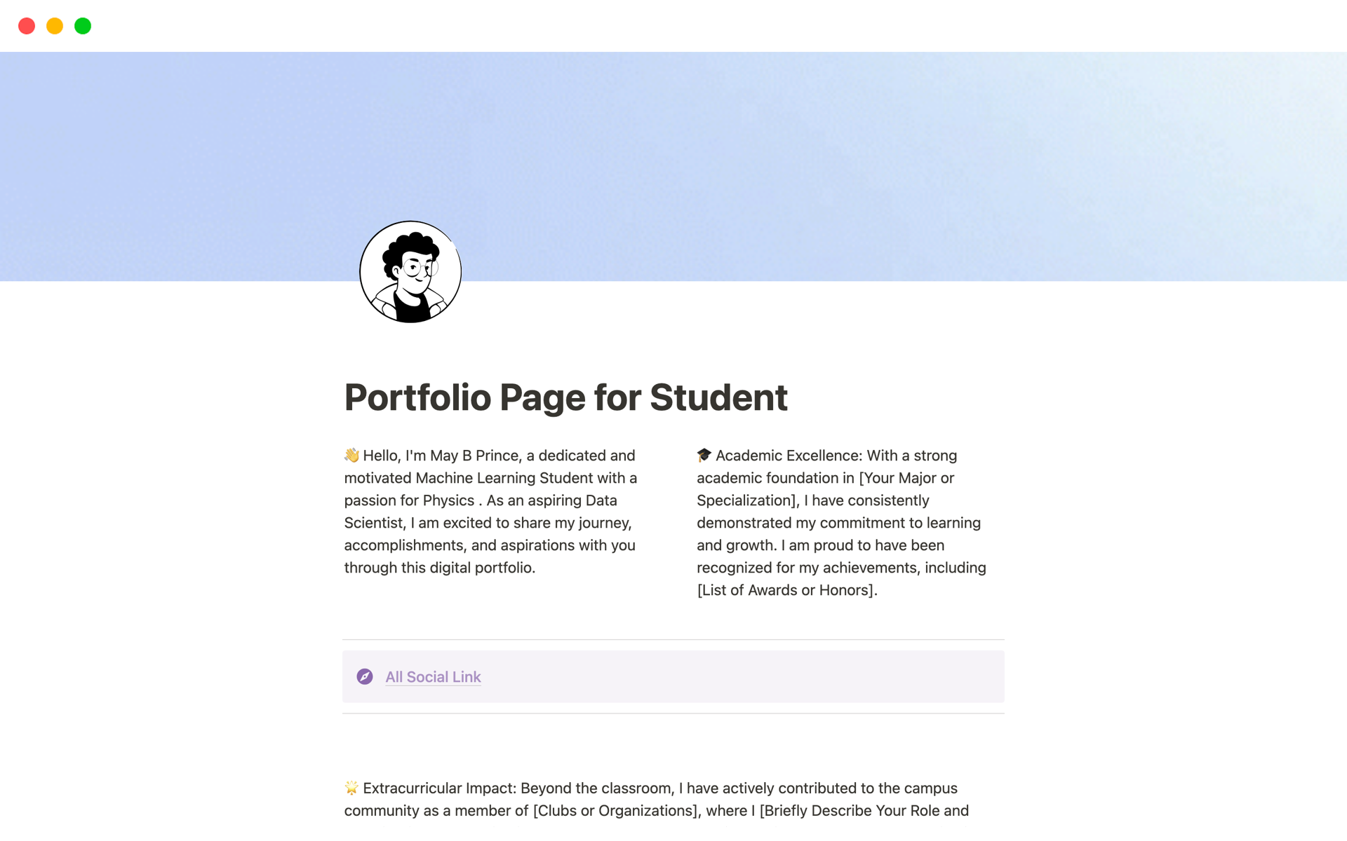 Aperçu du modèle de Portfolio Page for Student