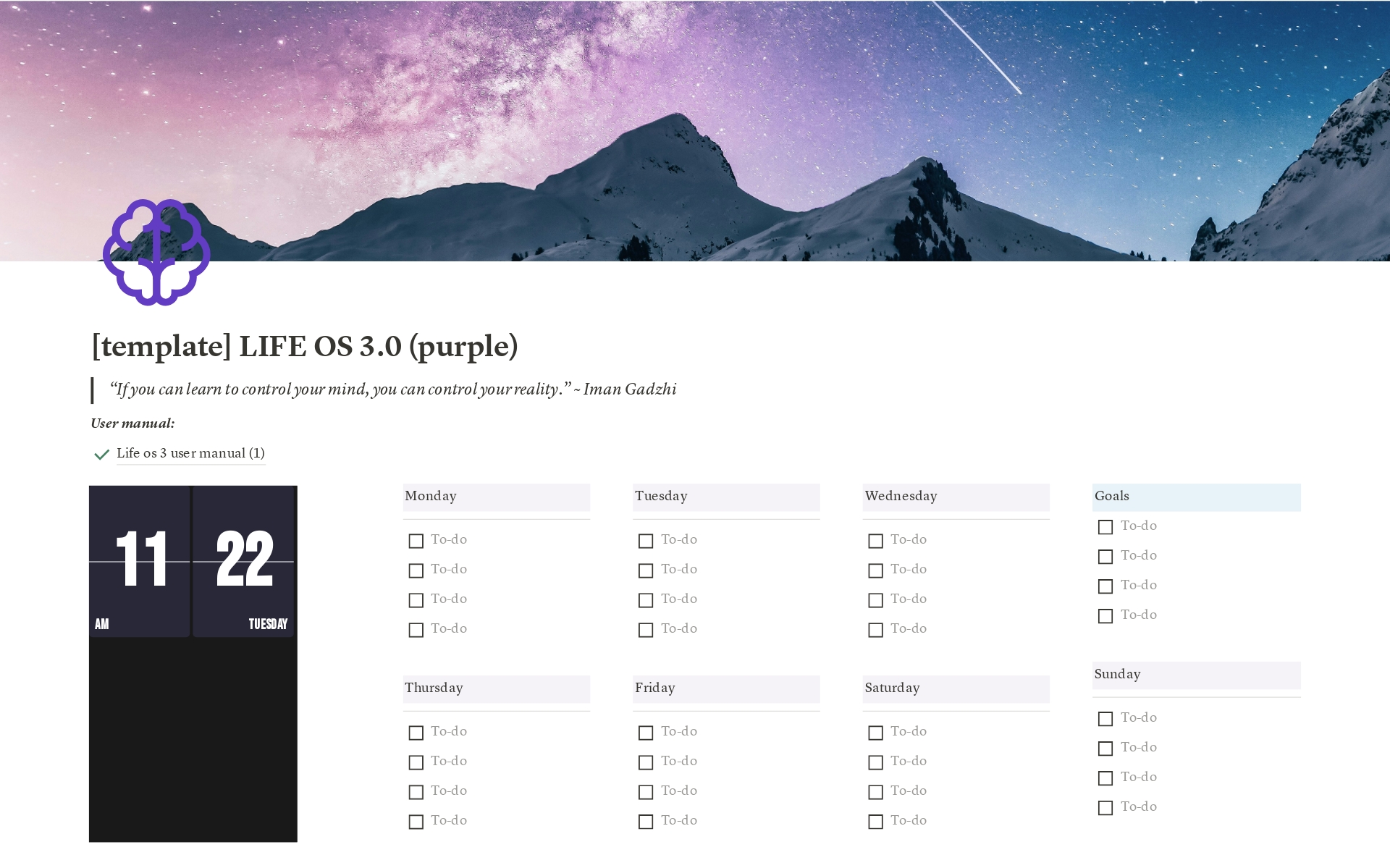 A template preview for LIFE OS 3.0 (purple)
