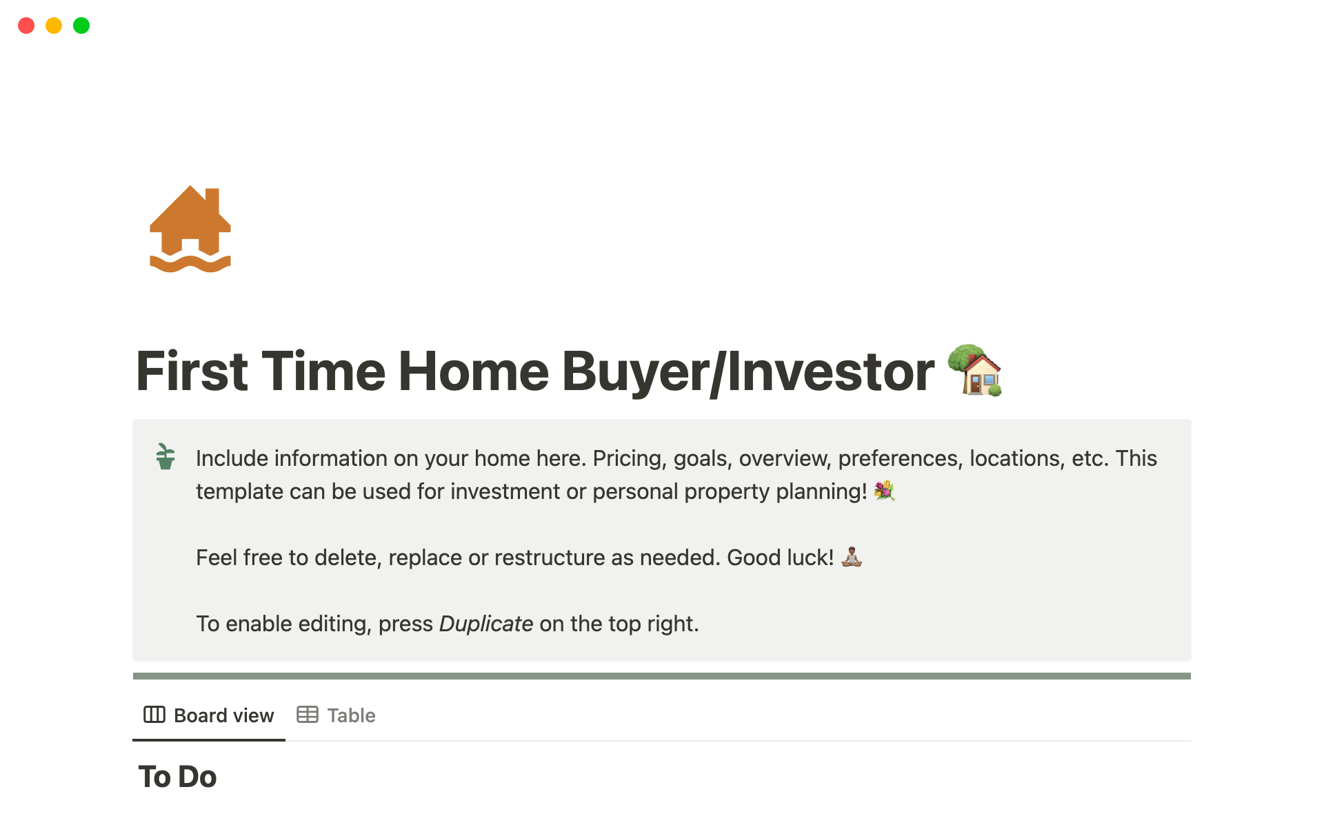 A template preview for First Time Home Buyer/Investor Notion