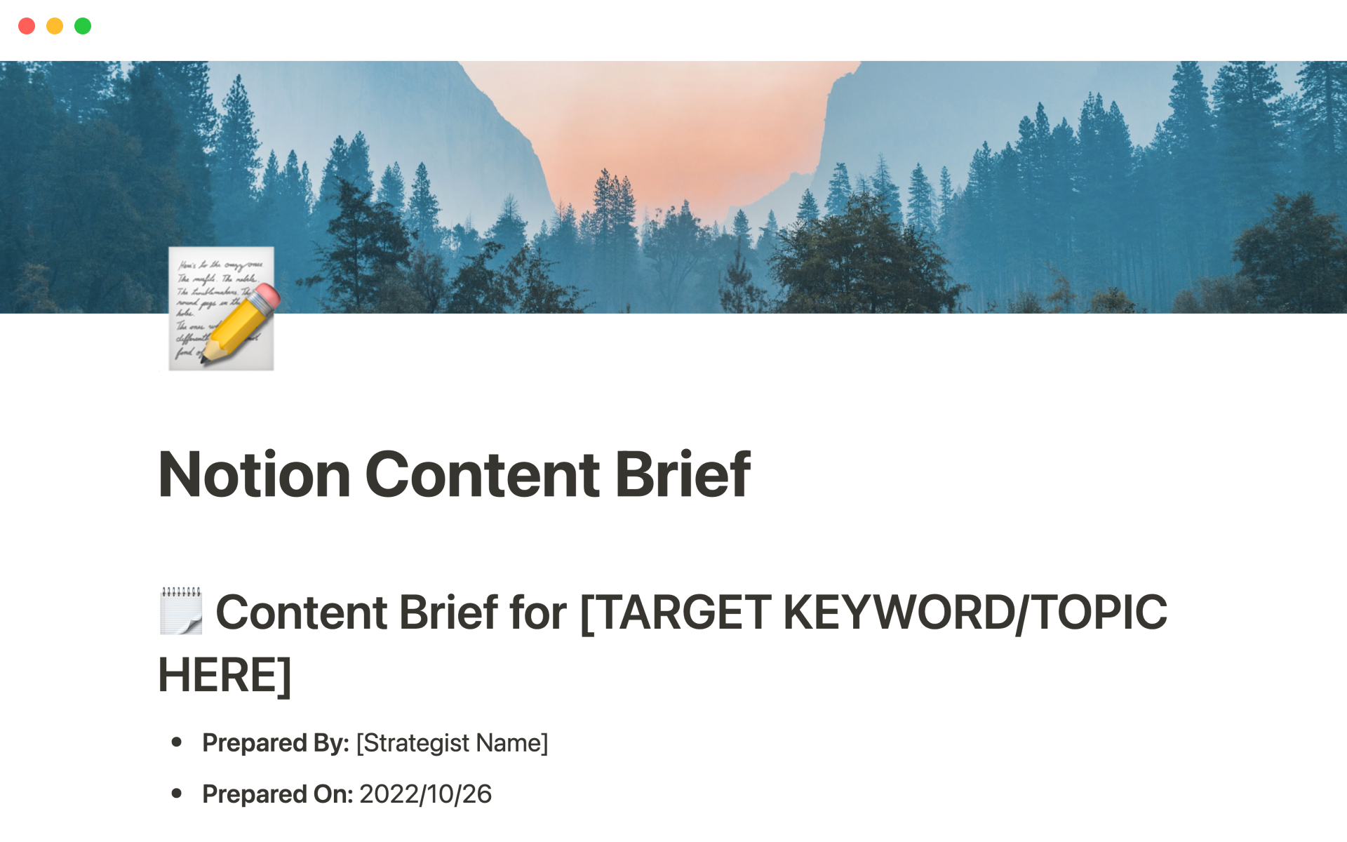 A template preview for Content brief