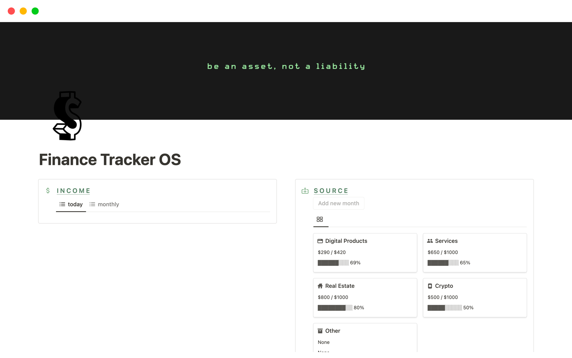 Vista previa de una plantilla para Finance Tracker OS