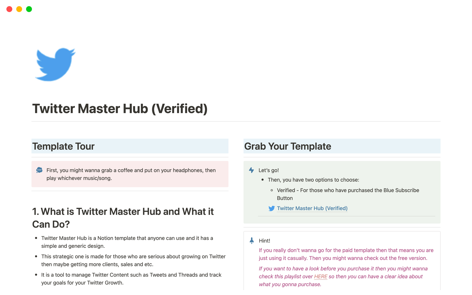 A template preview for Twitter Master Hub (Verified)