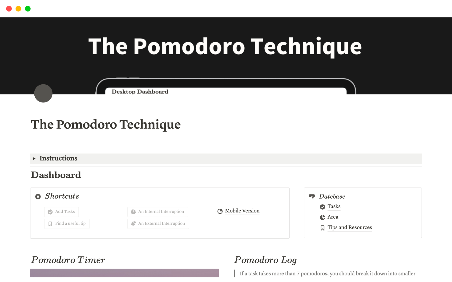 A template preview for The Pomodoro Technique