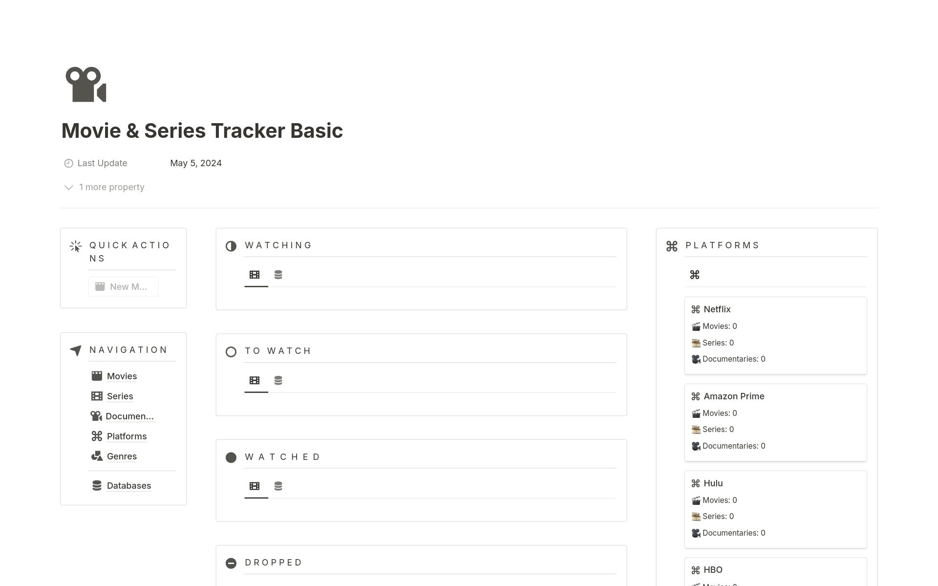 En förhandsgranskning av mallen för Movies & Series Tracker Basic