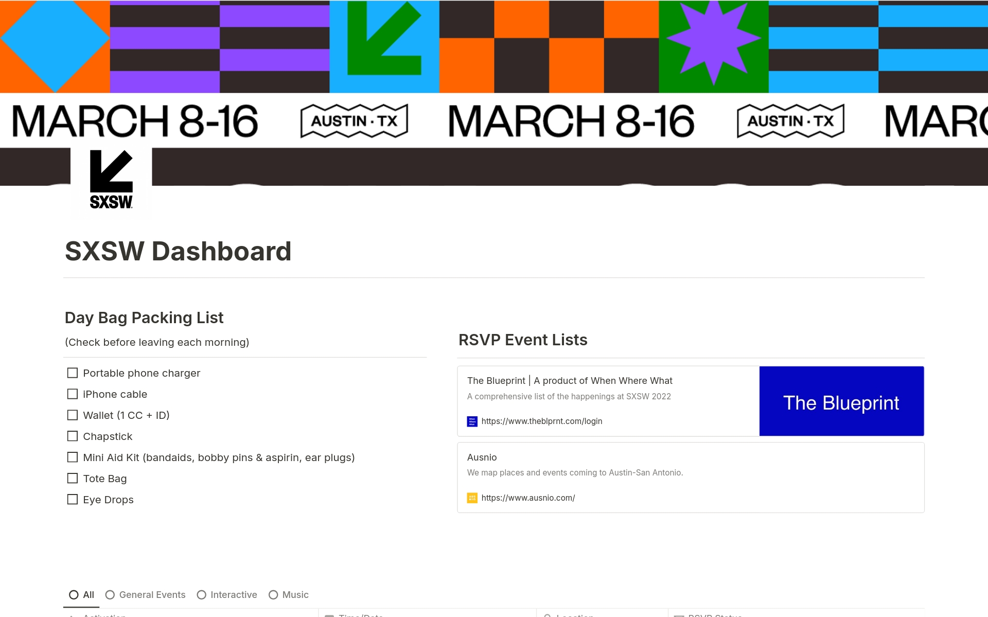 This Notion Dashboard helps you track all of your event RSVP information during the SXSW Conference.