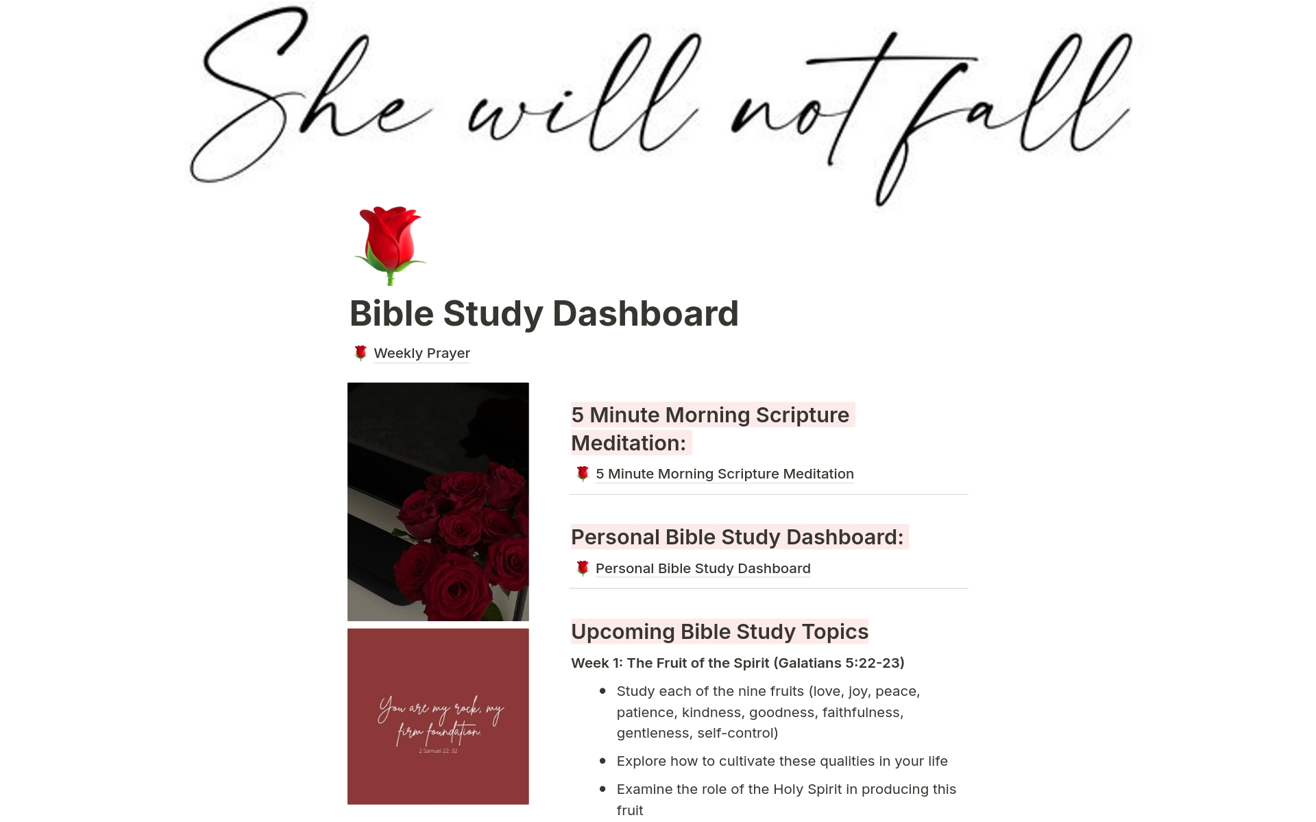 Calling all women seeking to strengthen their relationship with God! This Bible Study Notion Dashboard is a digital tool created to enable you to track your spiritual growth and ensure you are taking time to study God's word daily.