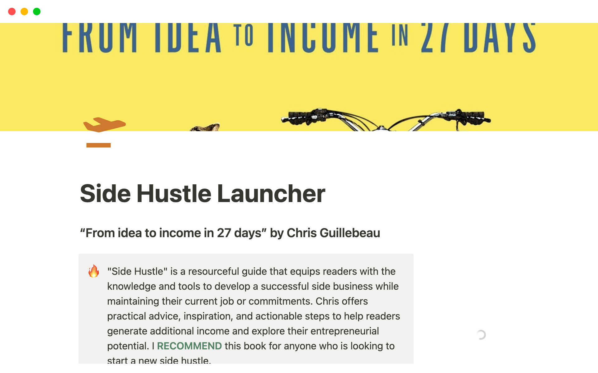 A template preview for Side Hustle Launcher