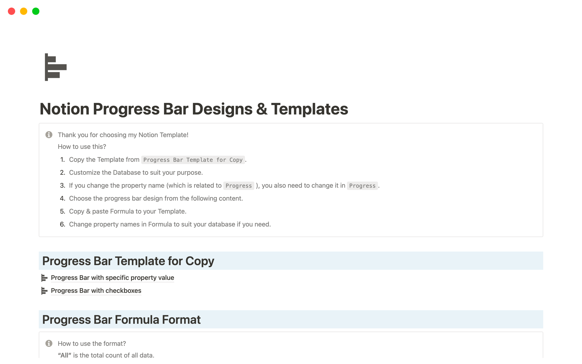 A template preview for Notion Progress Bar Designs & Templates