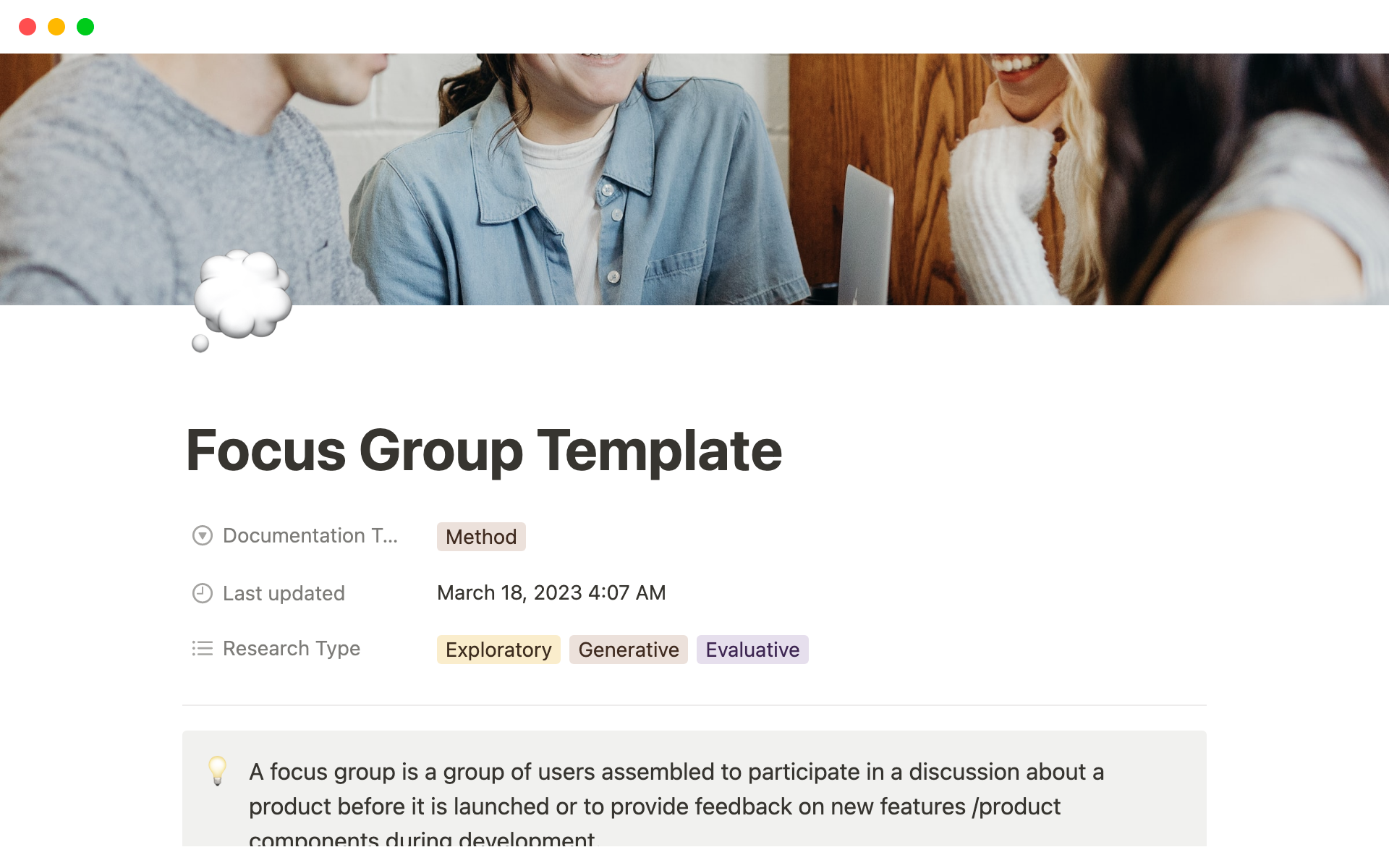 A template preview for Focus Group Template