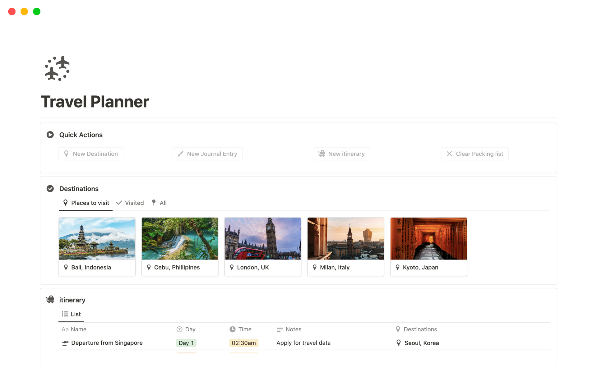 A template preview for Minimal Travel Planner