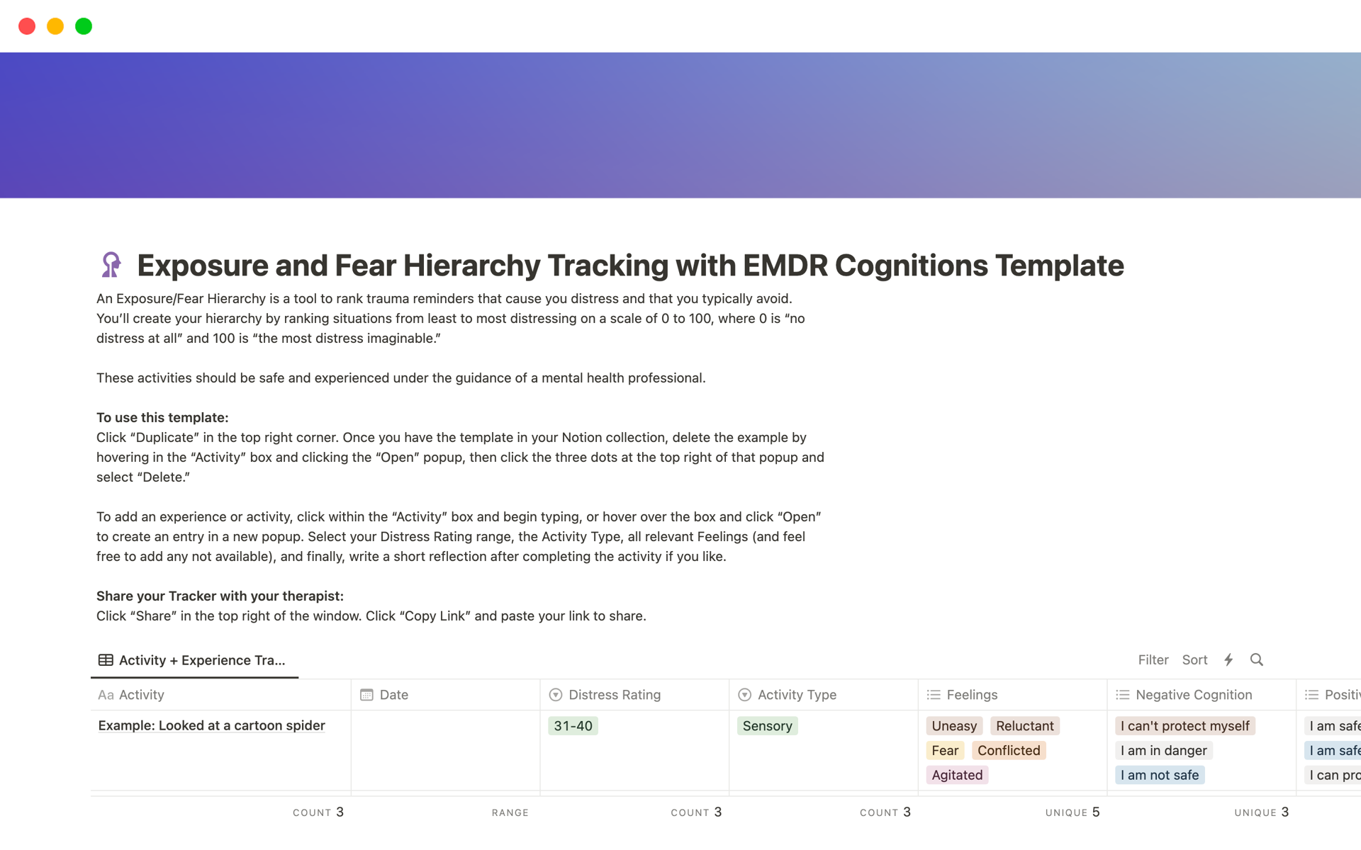 A template preview for Exposure Hierarchy Tracker with EMDR Cognitions