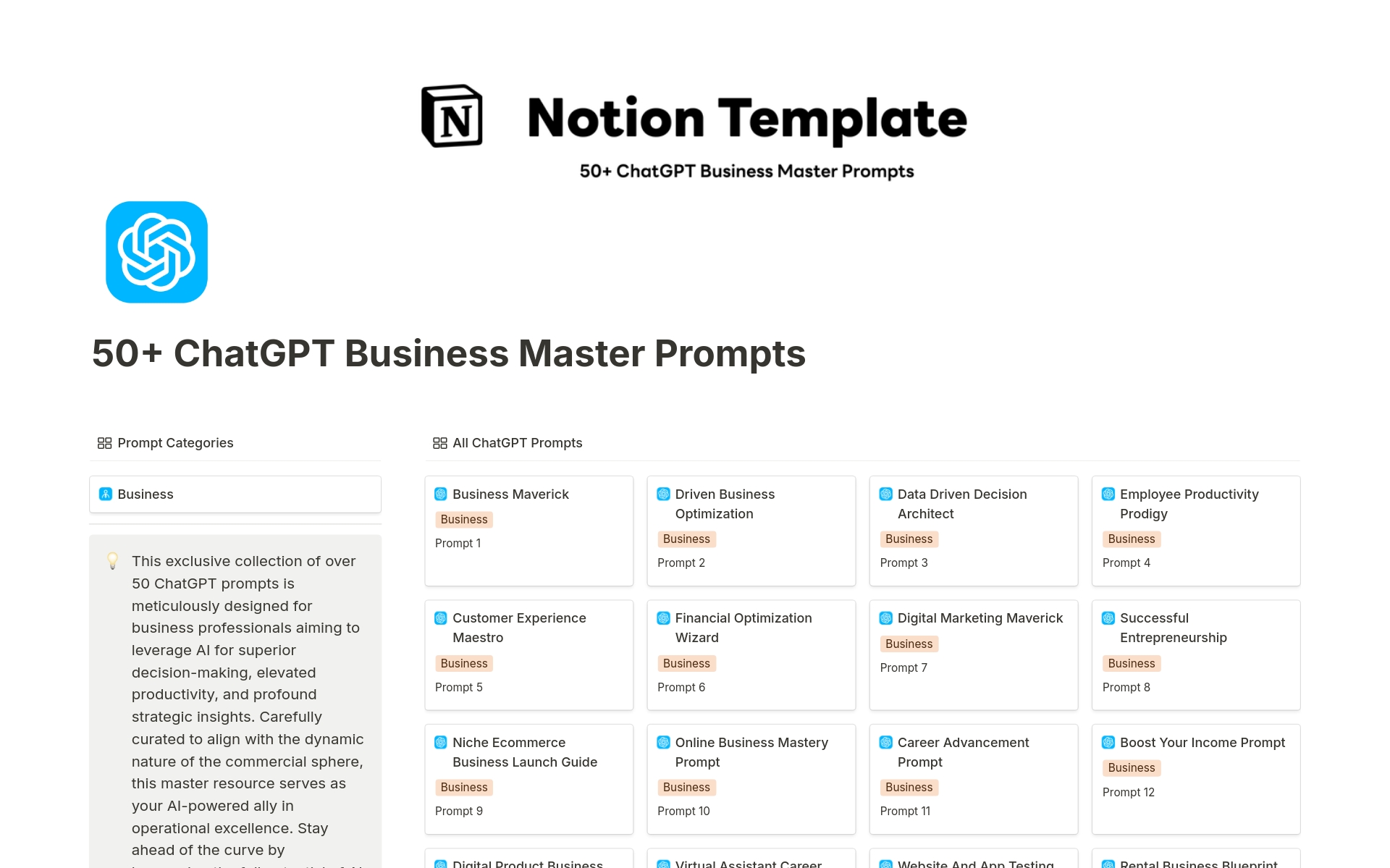 Elevate your business strategy with our suite of 50+ ChatGPT-powered prompts. Tailored for savvy entrepreneurs and business mavens, this toolkit streamlines decision-making and fosters innovation.