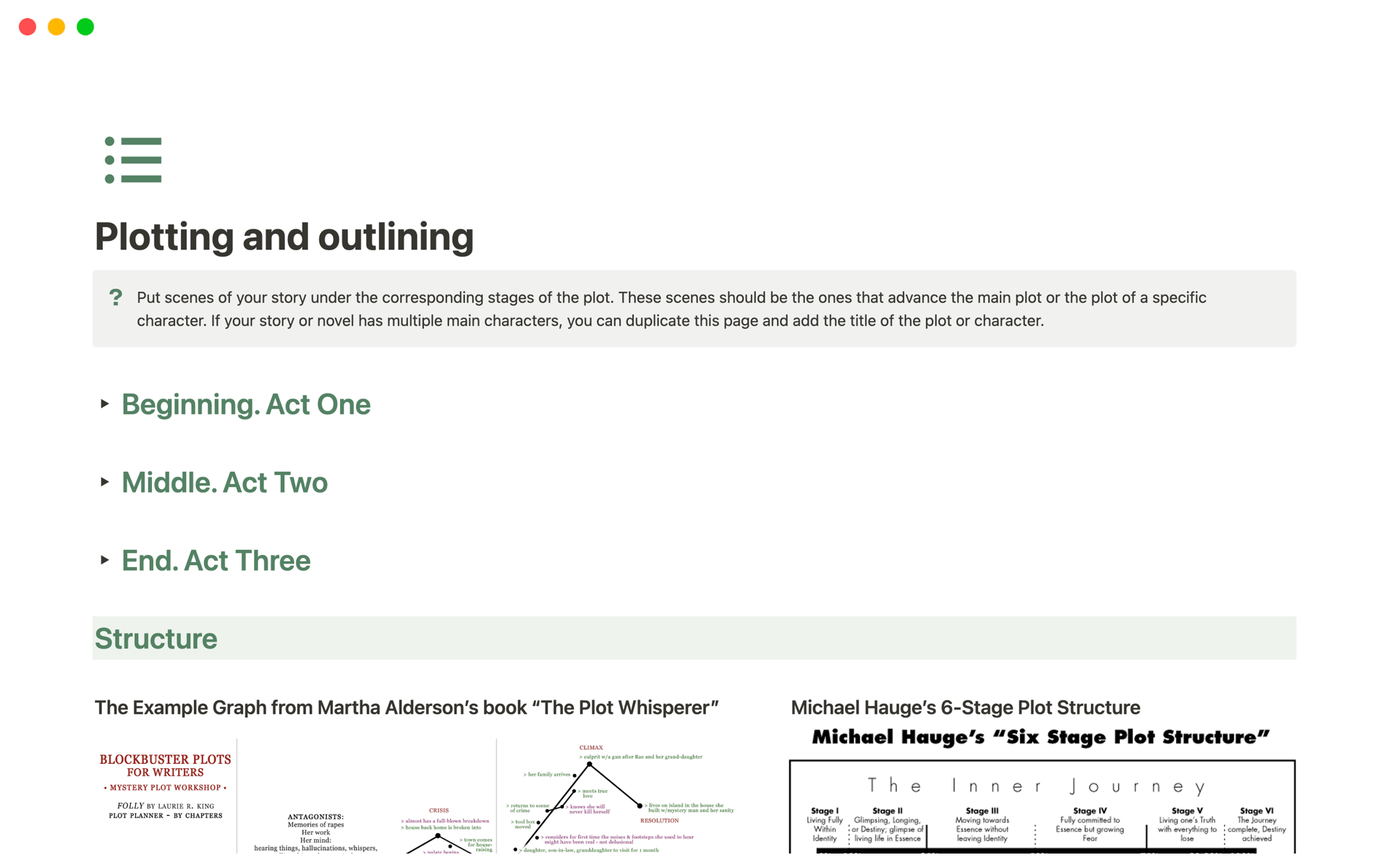 Vista previa de una plantilla para Plot structuring and outlining for Writers